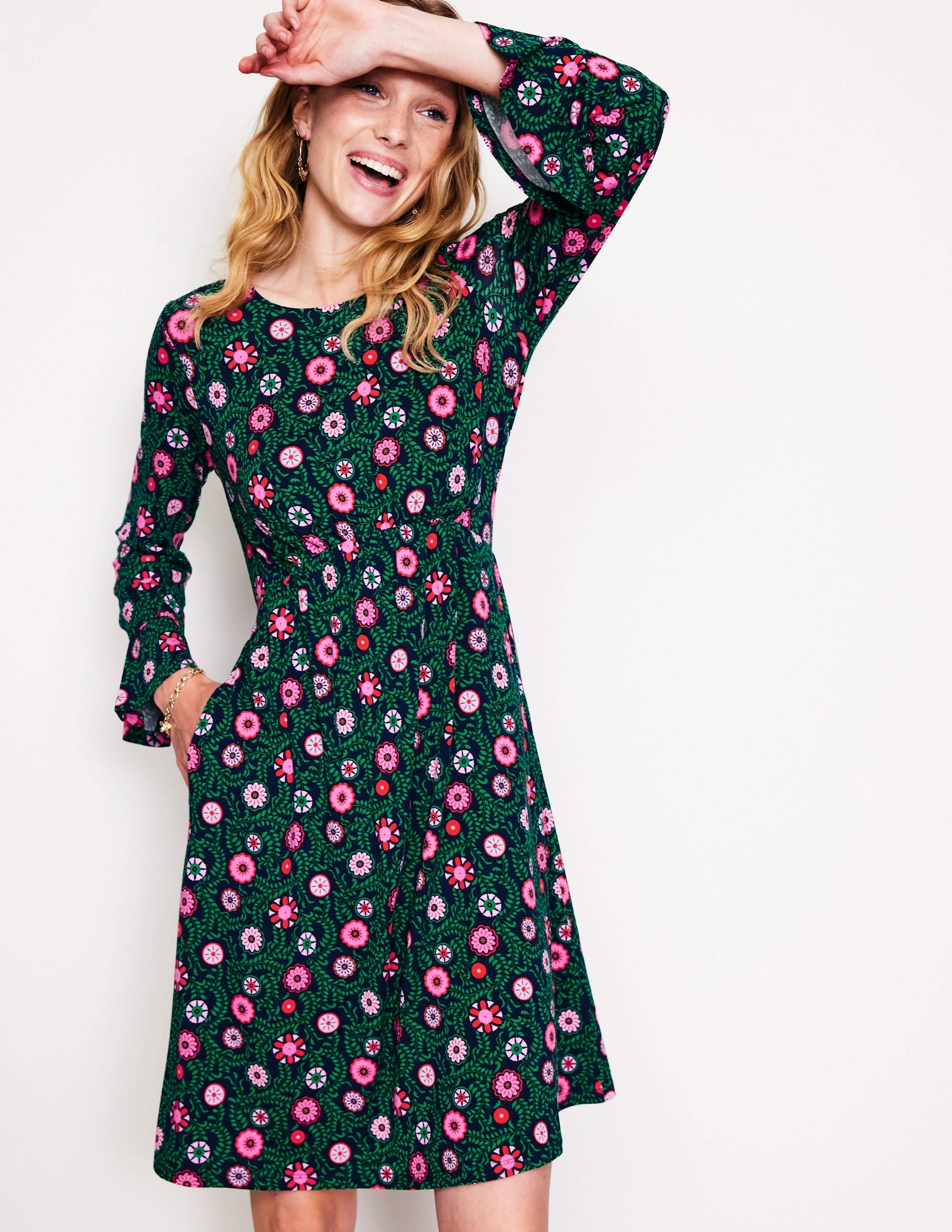 Flute Sleeve Jersey Dress-Navy, Meadow Vine Gloss Finish