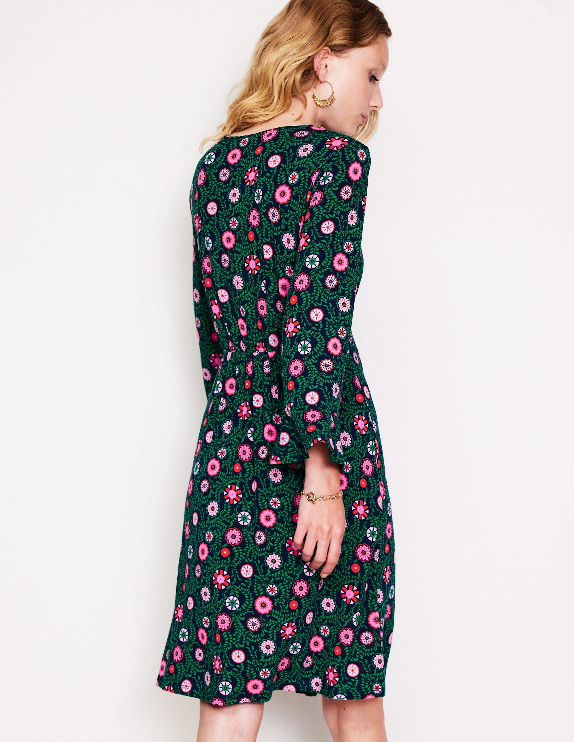 Flute Sleeve Jersey Dress-Navy, Meadow Vine Refined Presence Happy Scent