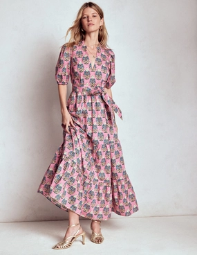 Skin Tone Cafe Vibe Christabel Cotton Midi Dress-Pink, Wildflower Bouquet