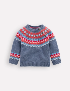 Fair Isle Button Jumper-Blue Classic Fair Isle Circular Knit Technique Modern Silhouette