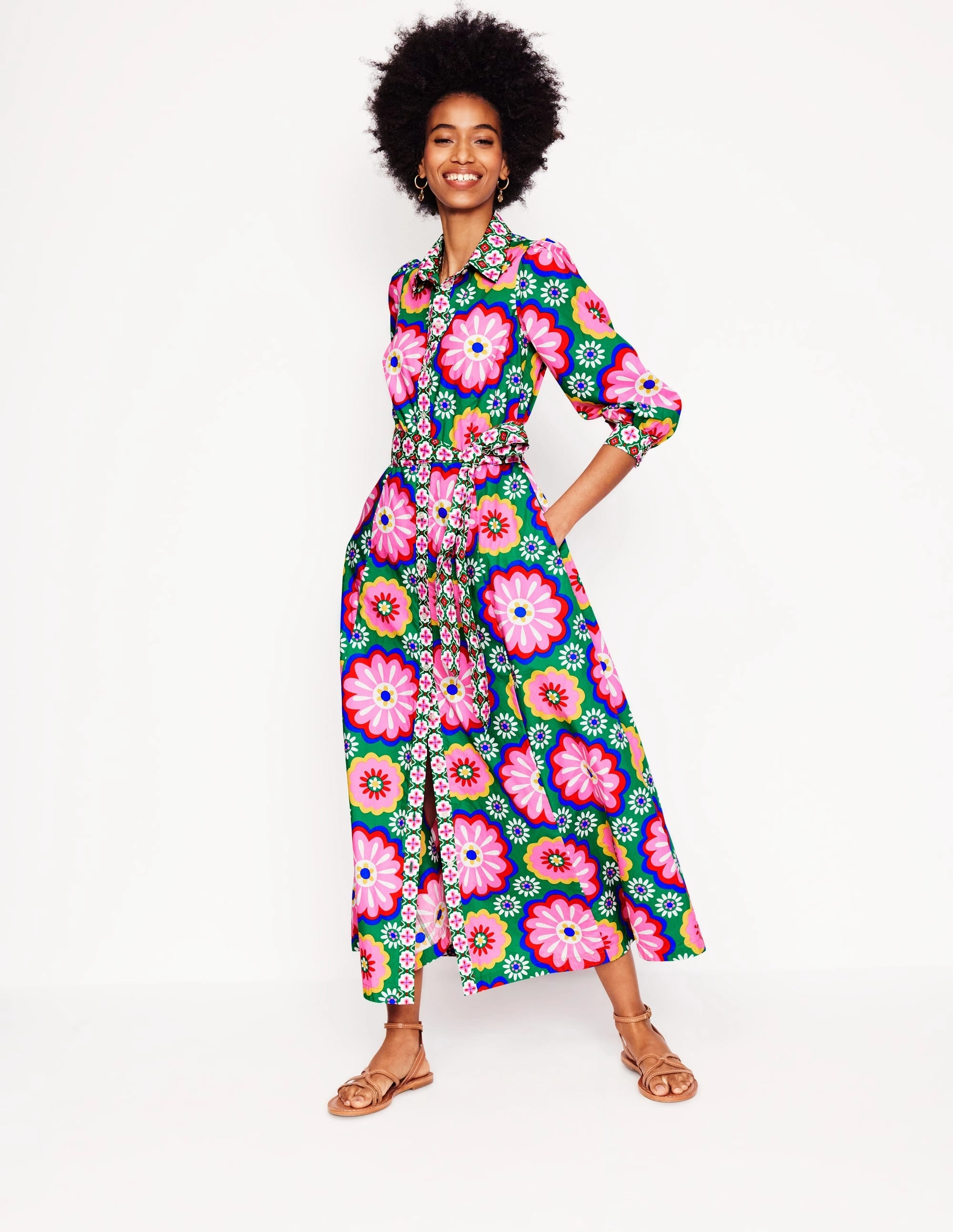 Classic Vibe Relaxed Style Wear Clara Cotton Shirt Dress-Multi, Flower Tile