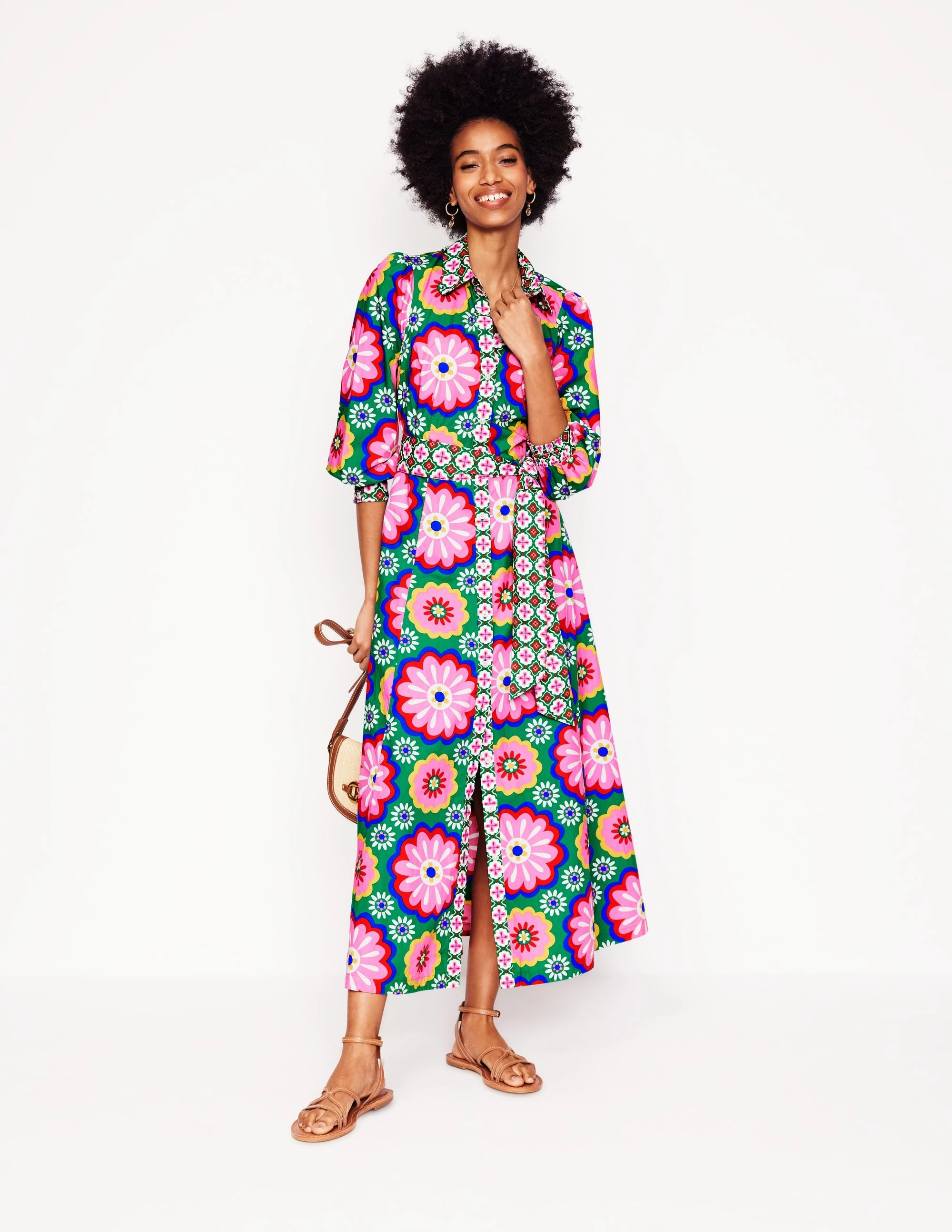 Flattering Waist Fit Versatile Cut Clara Cotton Shirt Dress-Multi, Flower Tile
