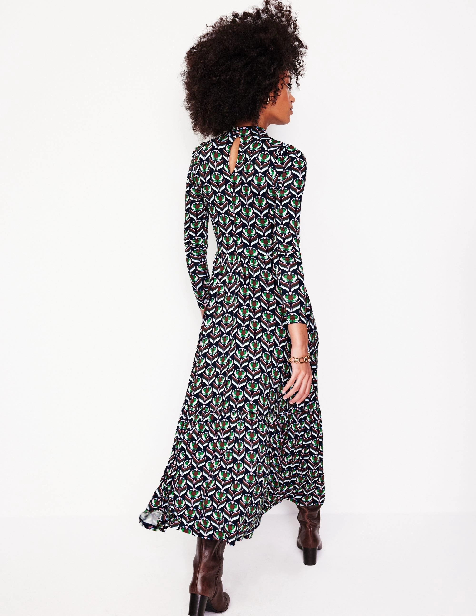 Occasion Ready High Neck Tiered Jersey Dress-Navy, Blossom Stamp