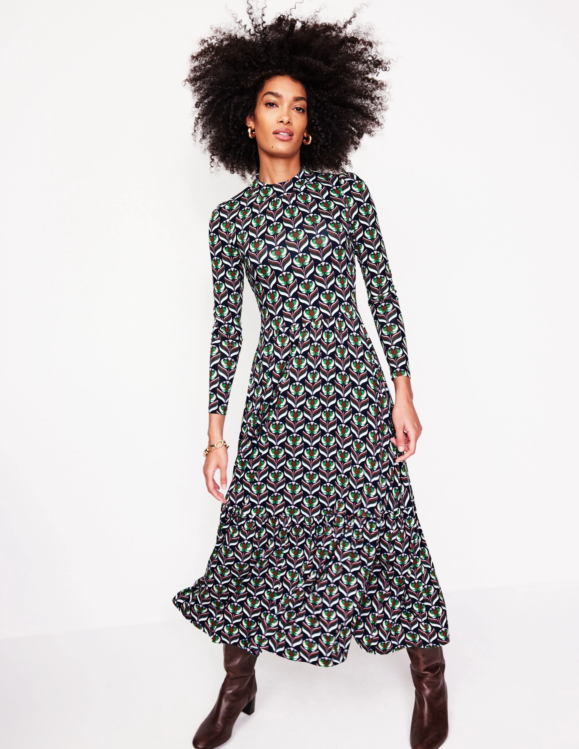 Theater-Night Seasonal Comfort High Neck Tiered Jersey Dress-Navy, Blossom Stamp