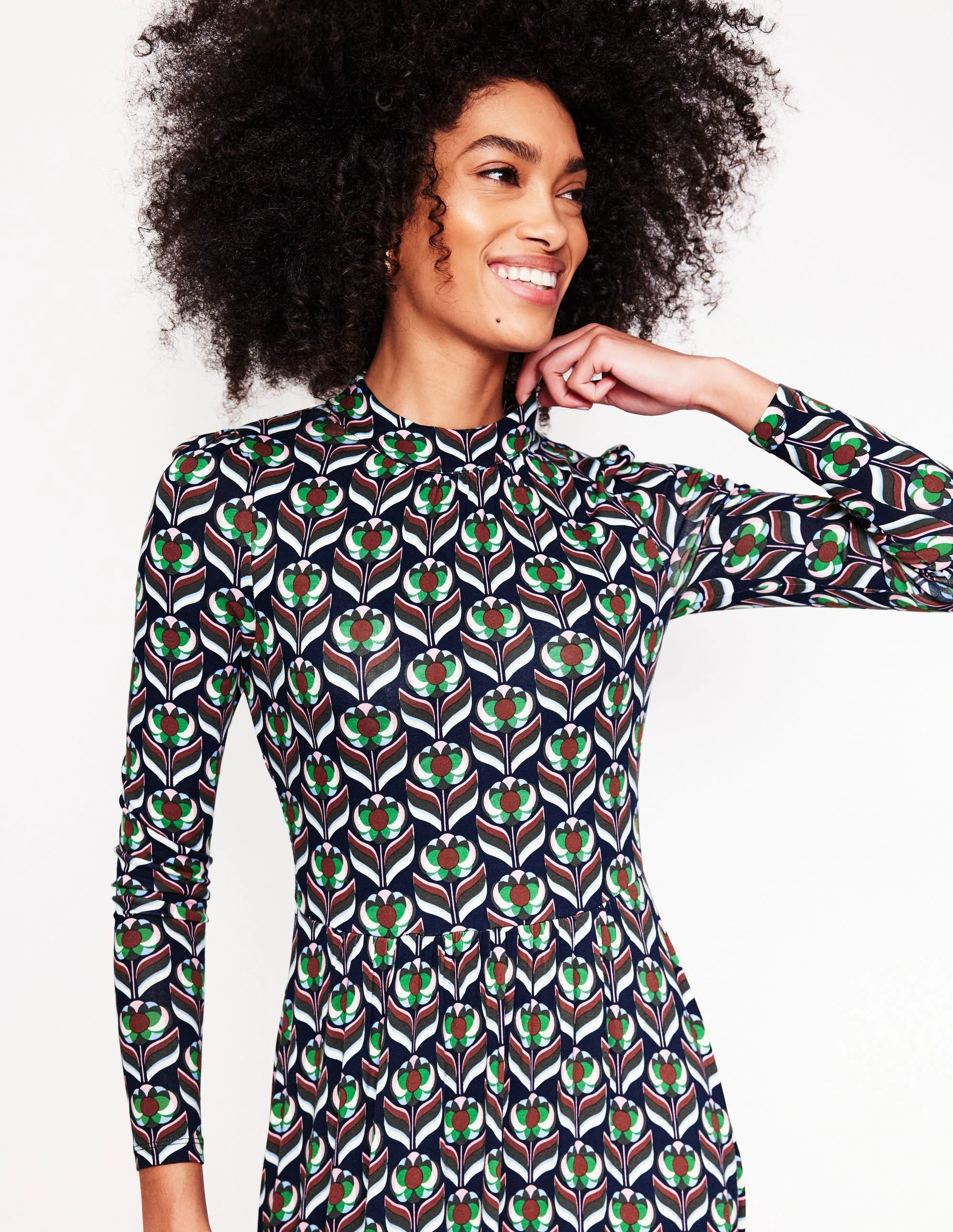 Modest Cut High Neck Tiered Jersey Dress-Navy, Blossom Stamp