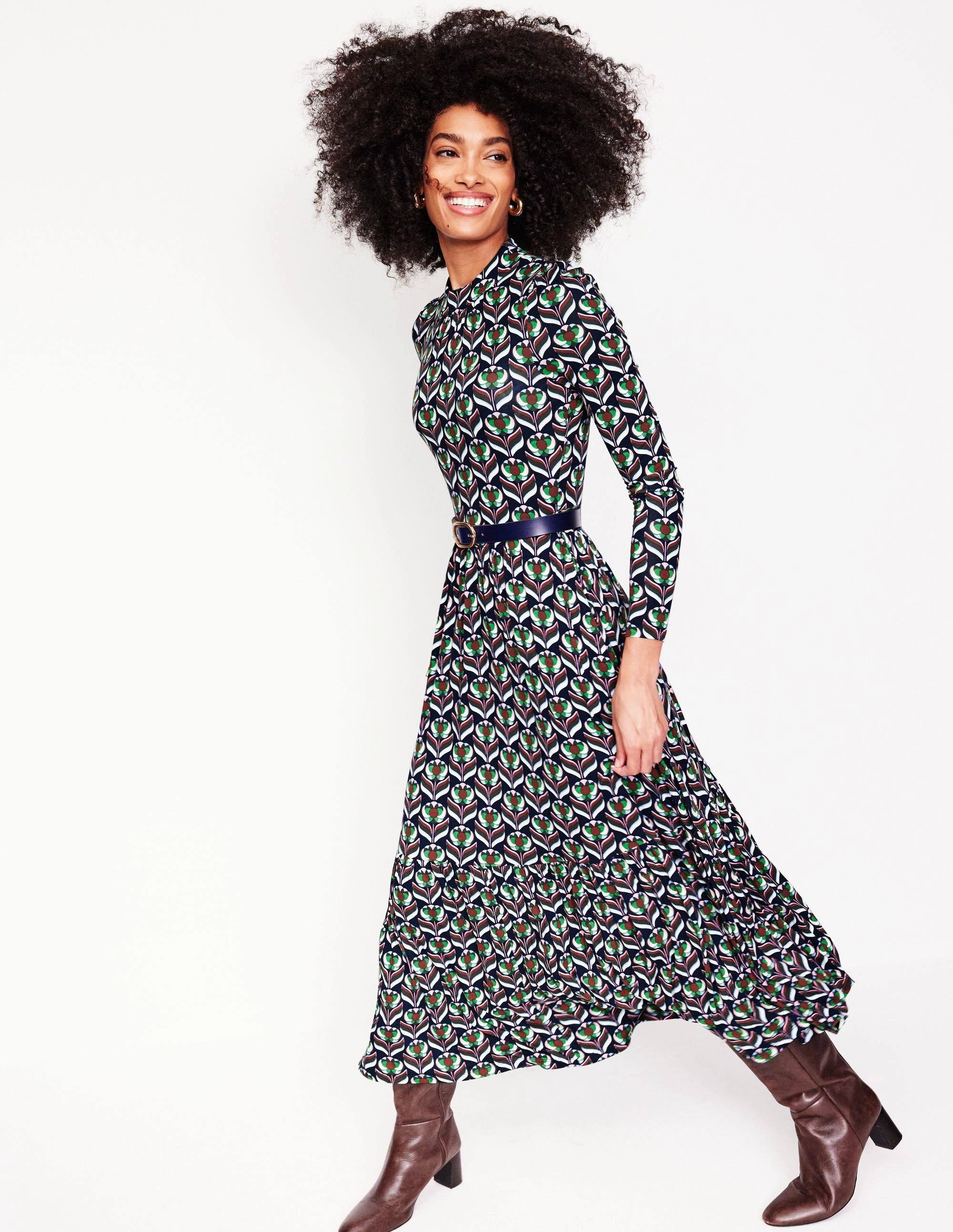 All Inclusive High Neck Tiered Jersey Dress-Navy, Blossom Stamp