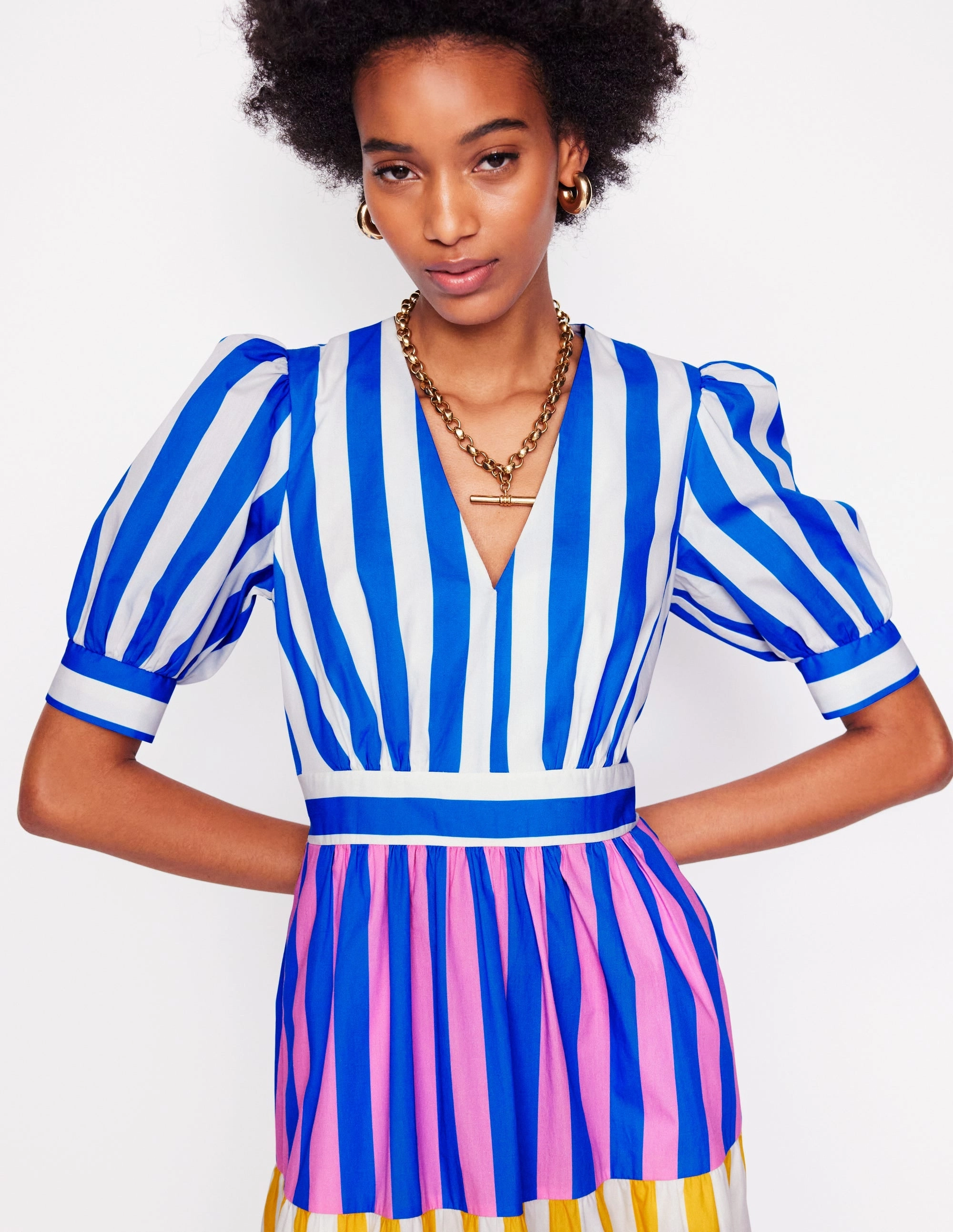 Bella Puff Sleeve Maxi Dress-Kingfisher Blue Stripe Fit Focused