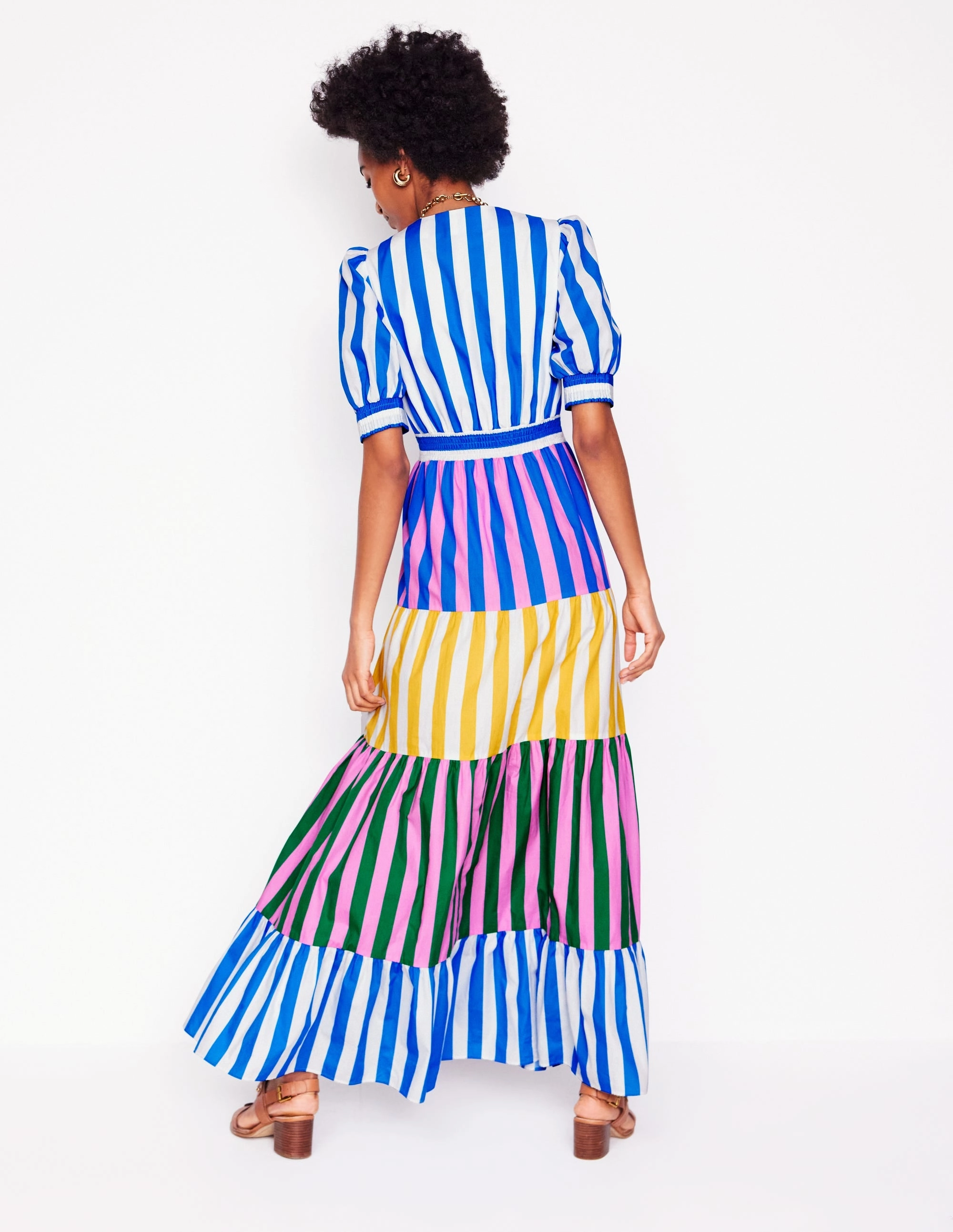 Bella Puff Sleeve Maxi Dress-Kingfisher Blue Stripe Travel-friendly