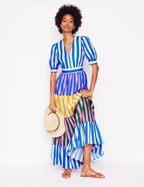Bella Puff Sleeve Maxi Dress-Kingfisher Blue Stripe Comfy Design Evening Tone