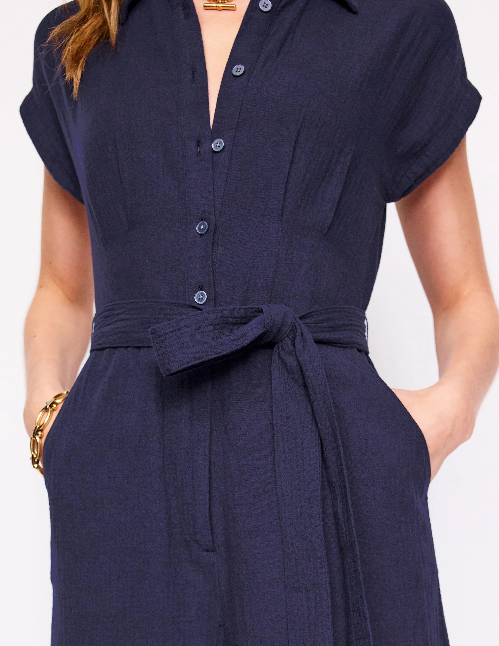 Delicate Lines Relax Line Colette Double Cloth Jumpsuit-Navy