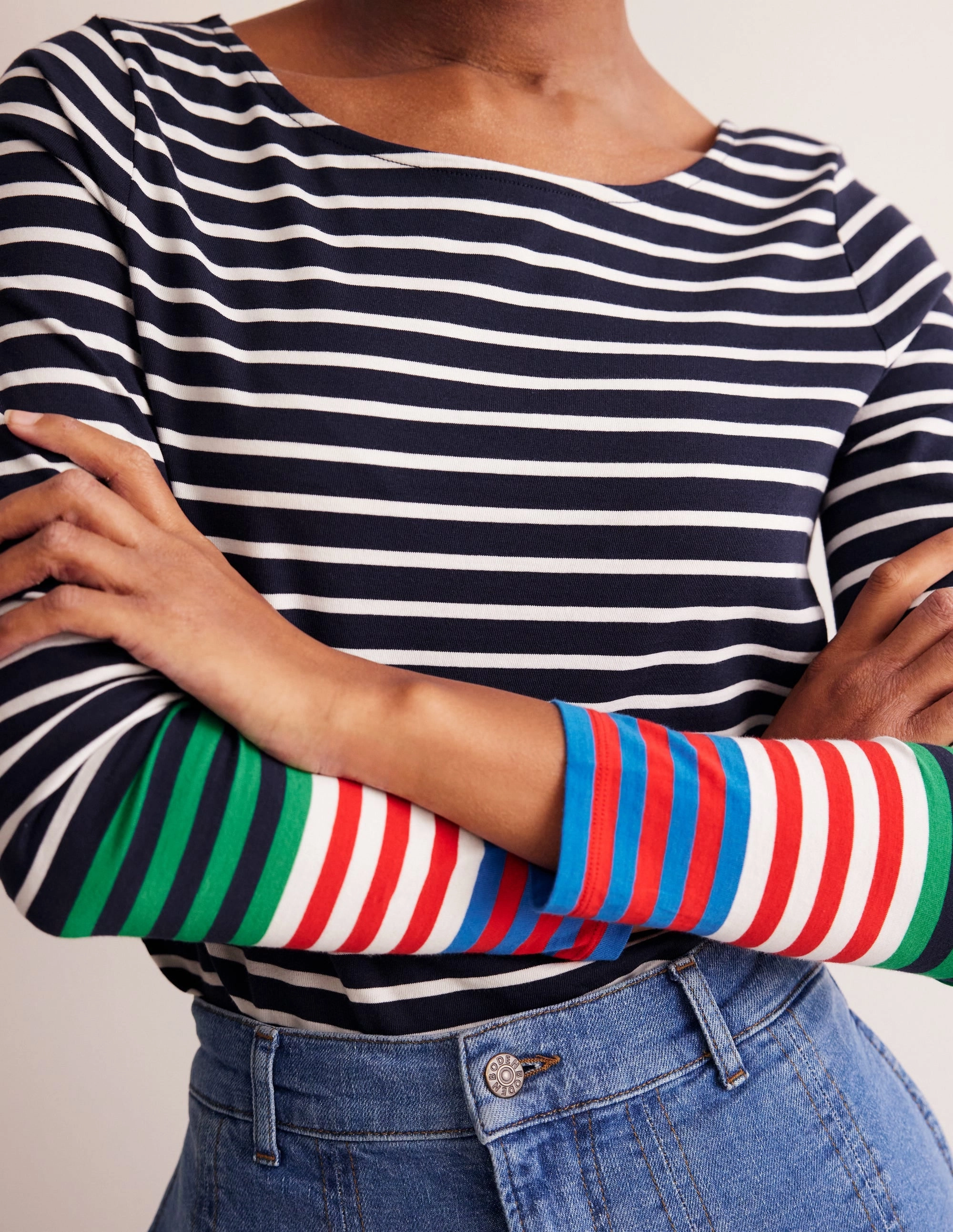 Ella Long Sleeve Breton-French Navy, Ivory Multi Cuff Smart Comfort Versatile Style