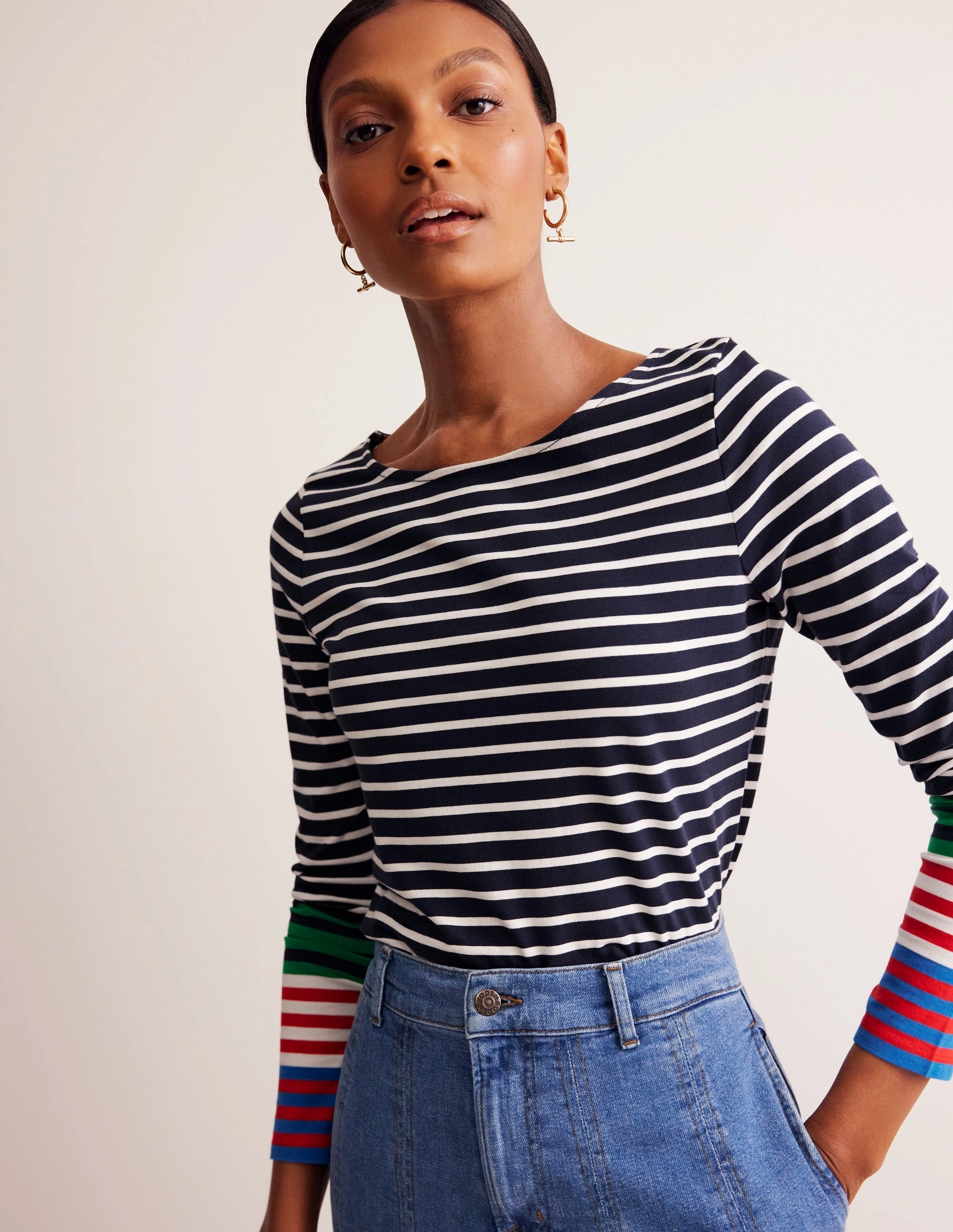 Ella Long Sleeve Breton-French Navy, Ivory Multi Cuff Multi Directional Stretch