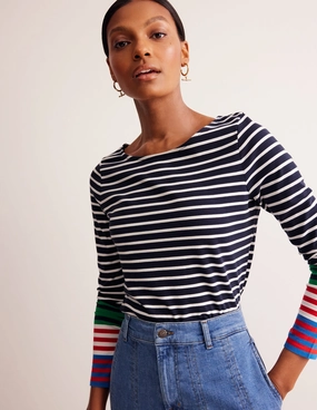 Ella Long Sleeve Breton-French Navy, Ivory Multi Cuff Multi Directional Stretch