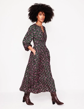 Smock Tiered Jersey Midi Dress-Sherbet, Foliage Cluster Subtle tone