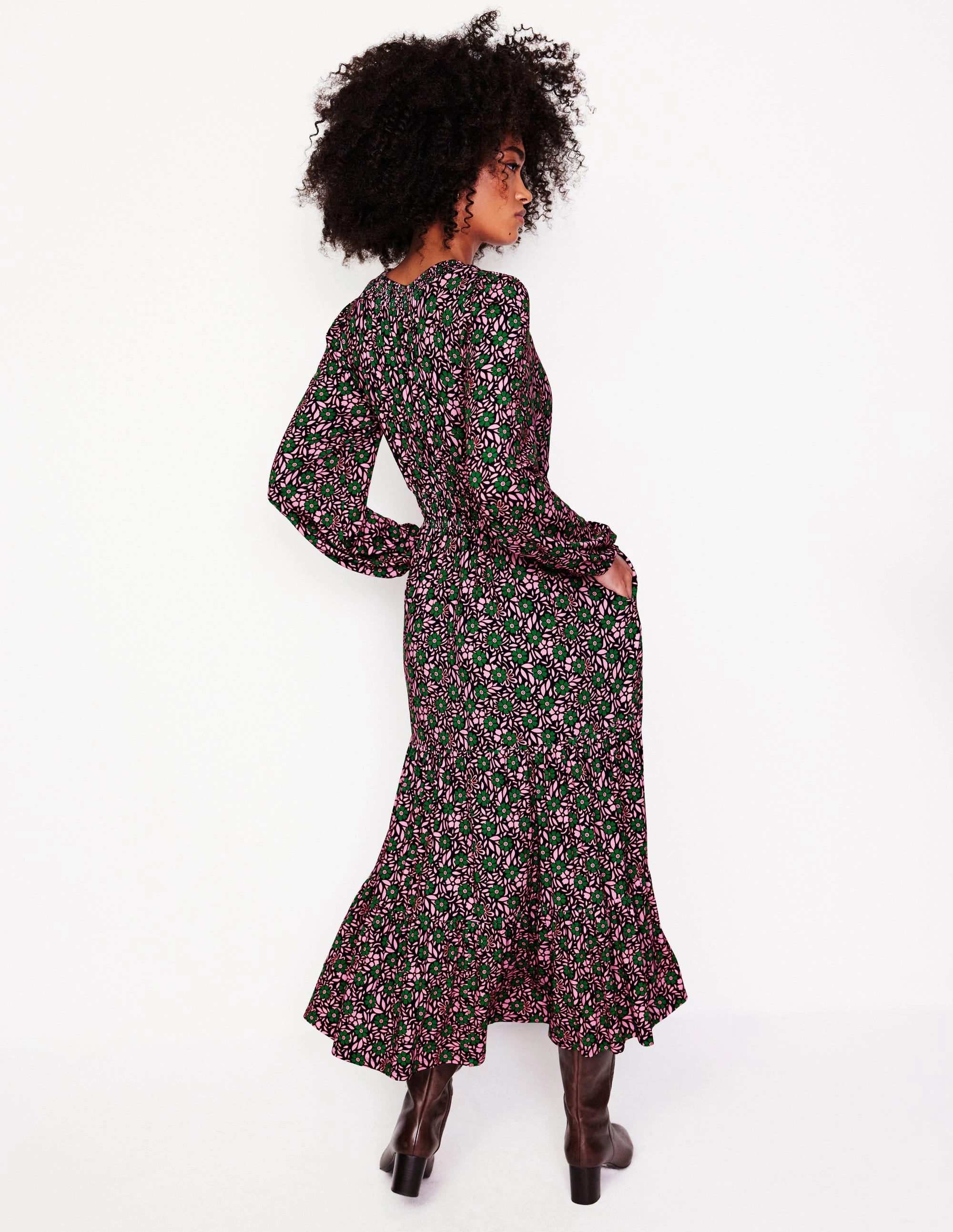 Smock Tiered Jersey Midi Dress-Sherbet, Foliage Cluster effortless grace