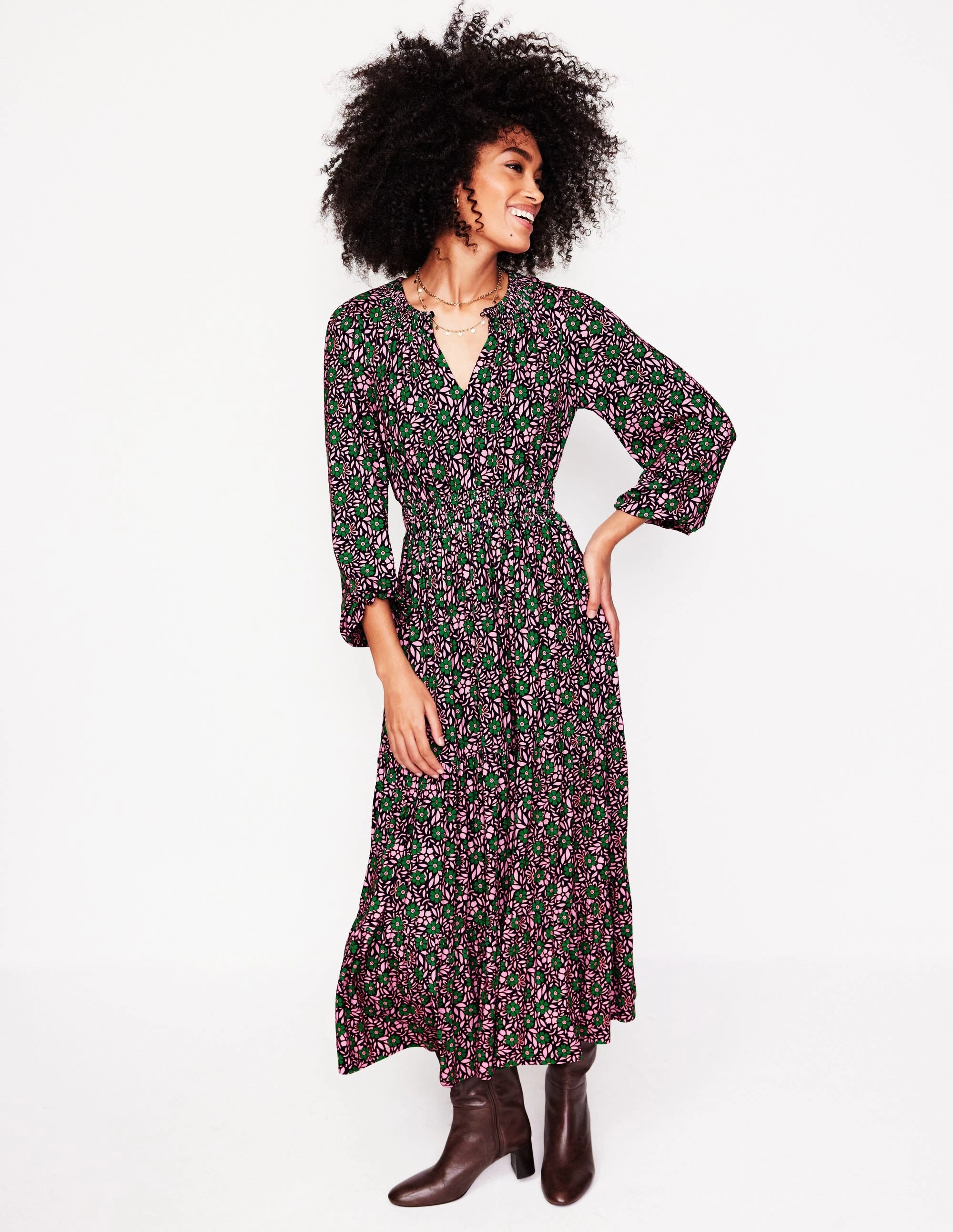 Smock Tiered Jersey Midi Dress-Sherbet, Foliage Cluster Villa Light Satin Finish