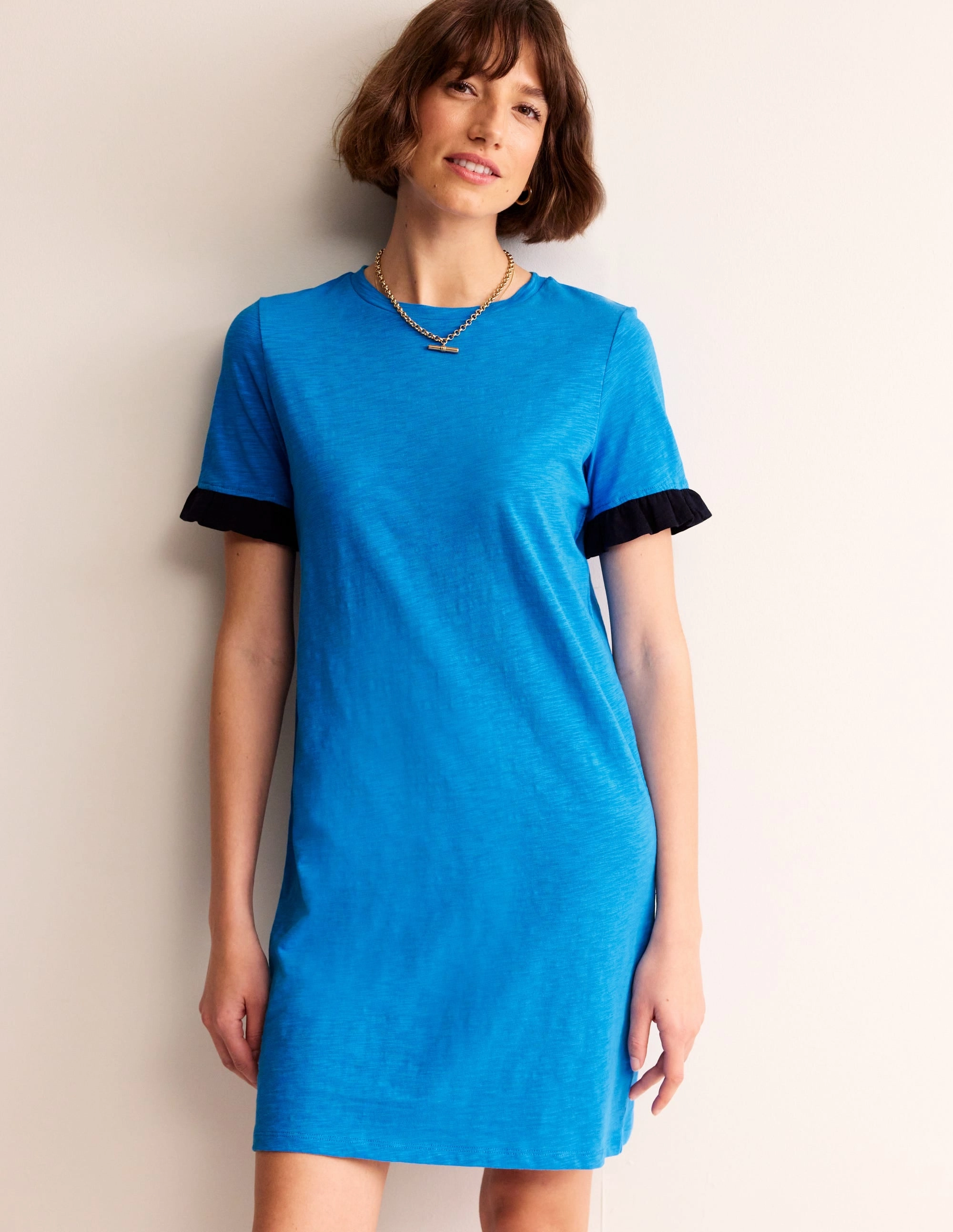 Emily Ruffle Cotton Dress-Brilliant Blue Perfect for Layering Chic and Cozy Wear