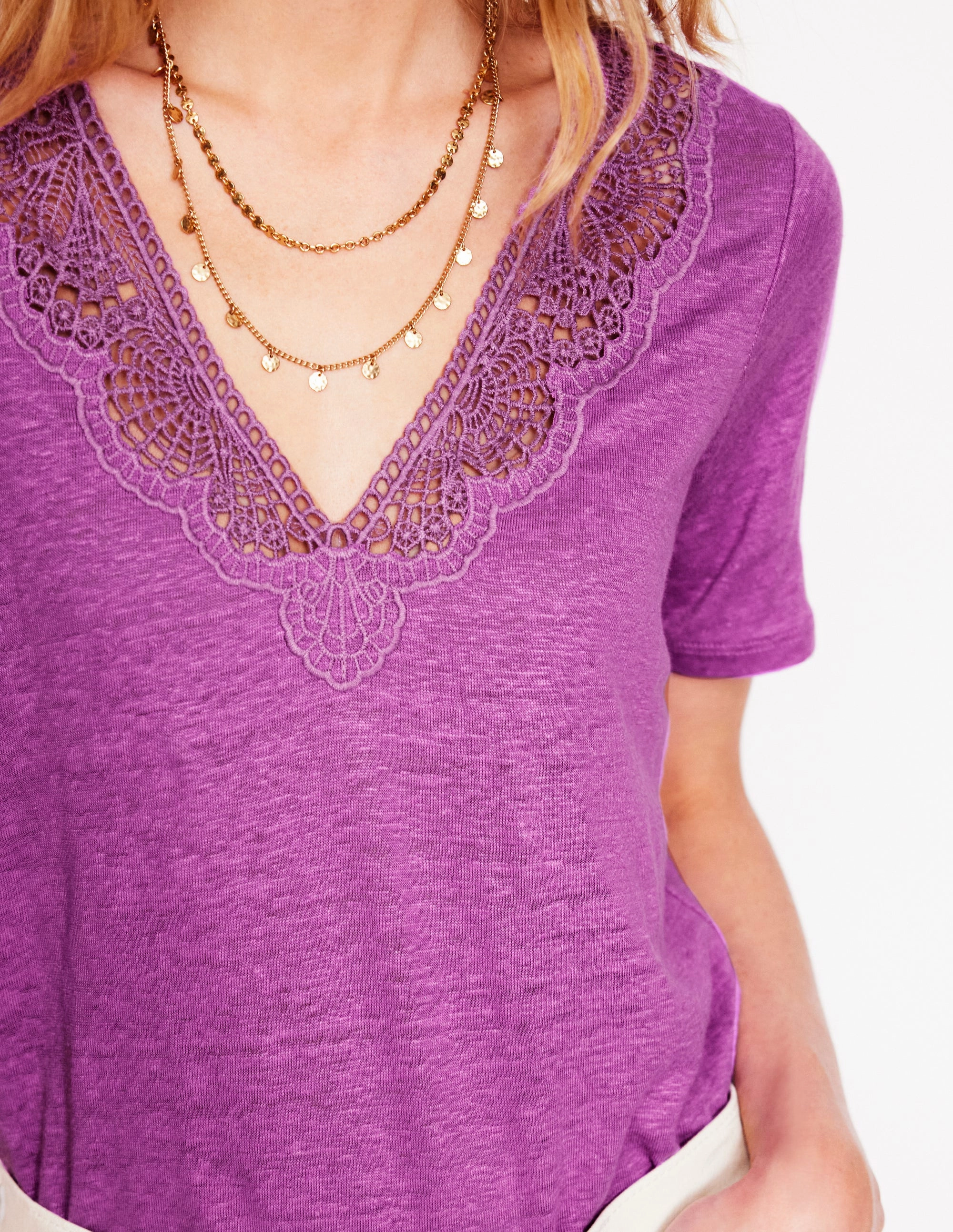 Lace Trim Linen T-shirt-Liatris Multi Directional Stretch