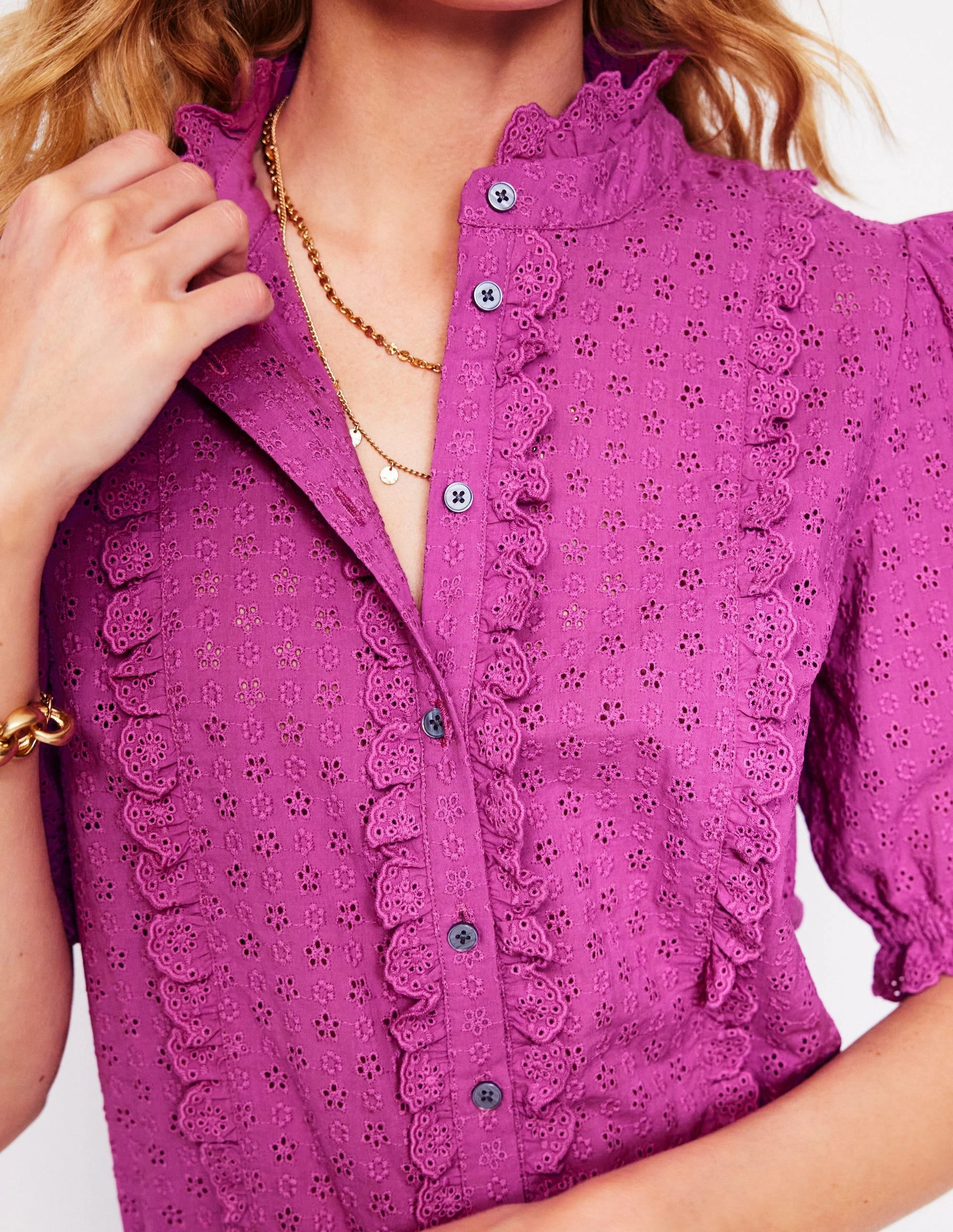 High Density Knit Reinforced Neckline Feminine Cotton Blouse-Foxglove Purple