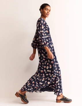 Fresh Combo V Neck Puff Maxi Dress-French Navy, Botanical Petal