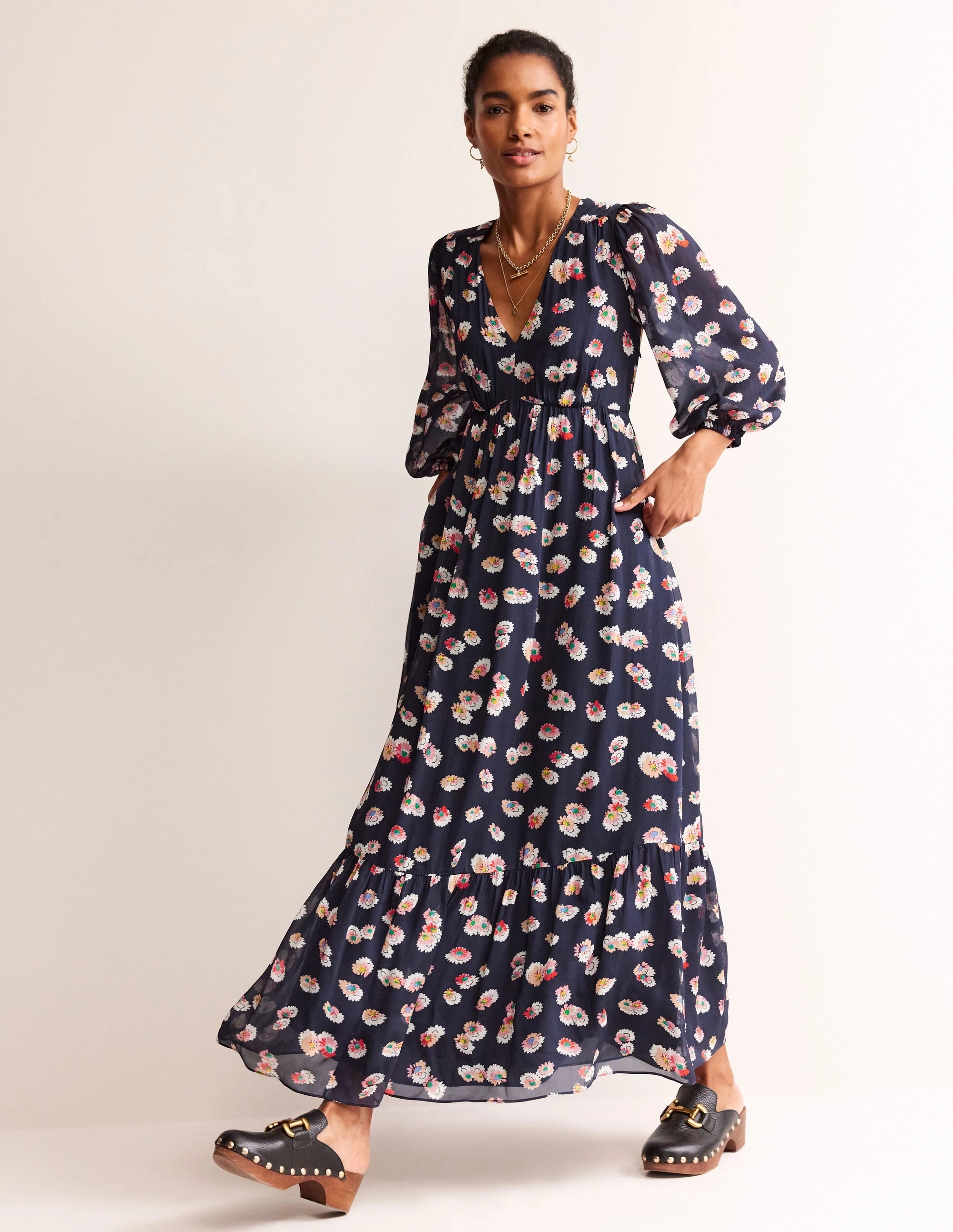 V Neck Puff Maxi Dress-French Navy, Botanical Petal Casual weekend dress