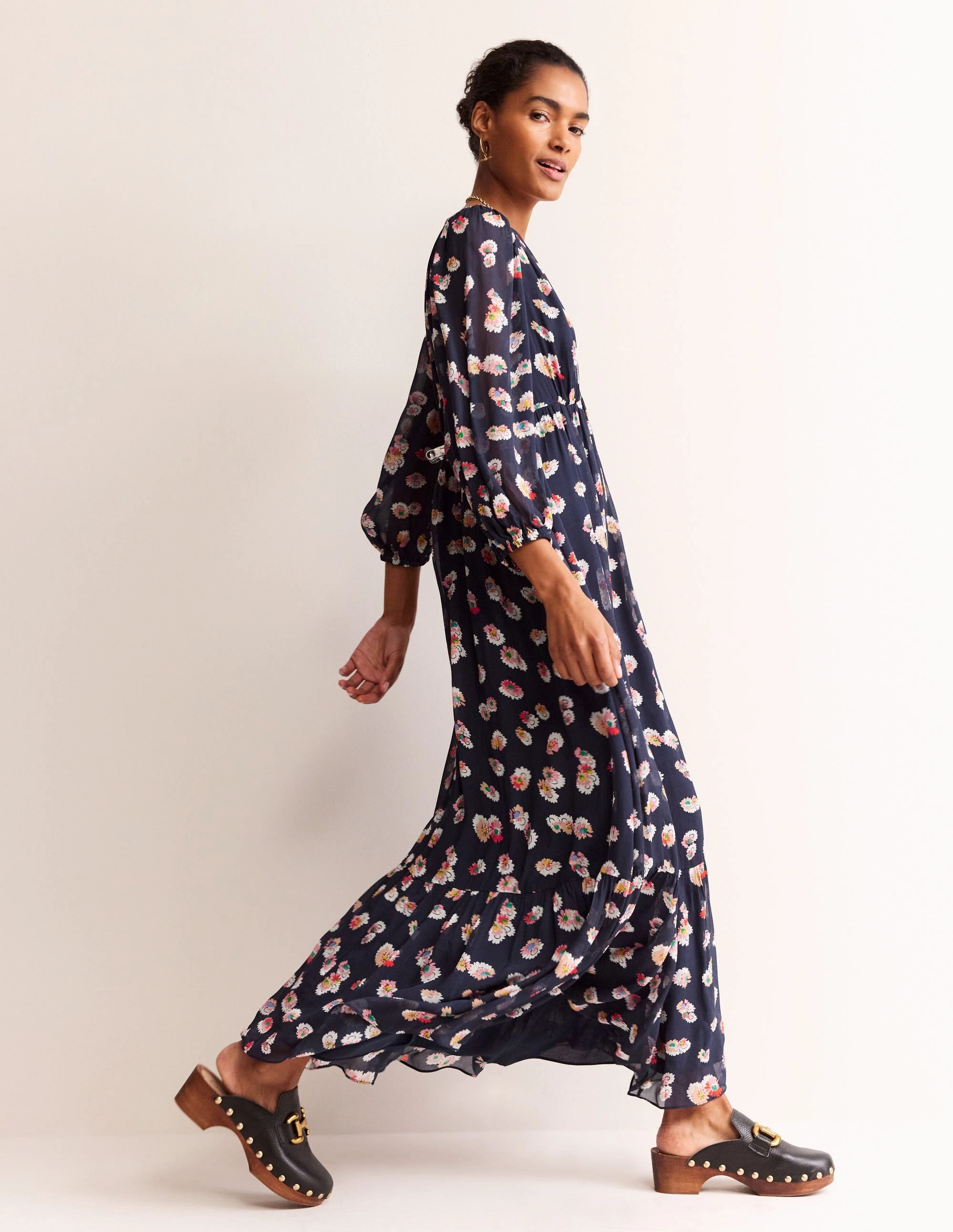 Fresh Combo V Neck Puff Maxi Dress-French Navy, Botanical Petal