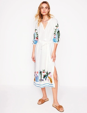 Timeless Layer Day Chic Embroidered Linen Tassel Dress-Ivory
