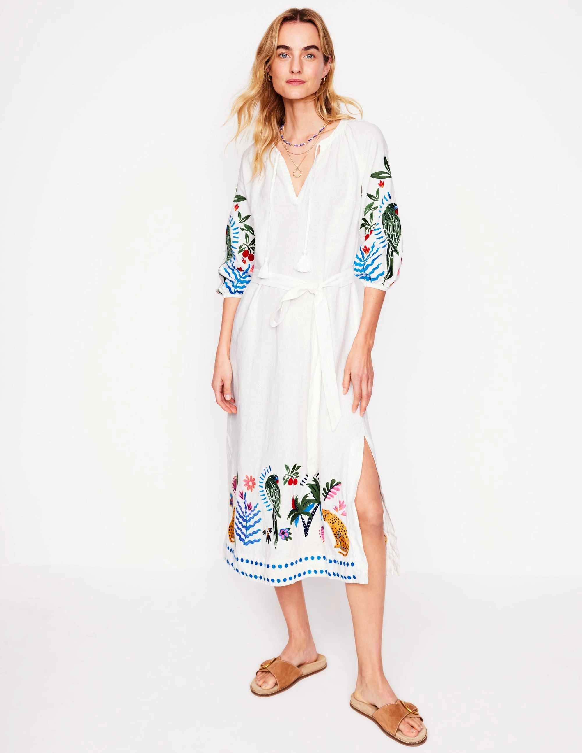 Timeless Layer Day Chic Embroidered Linen Tassel Dress-Ivory