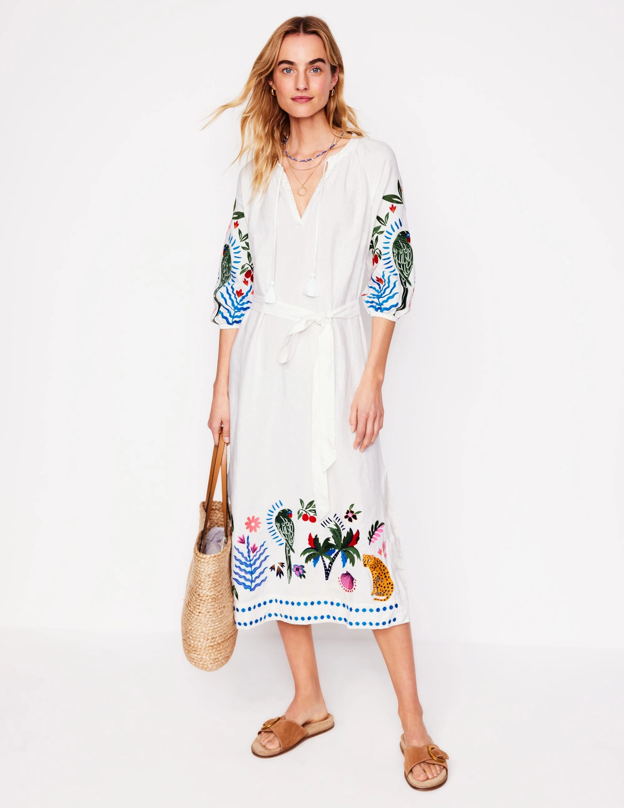 Embroidered Linen Tassel Dress-Ivory Glamorous look