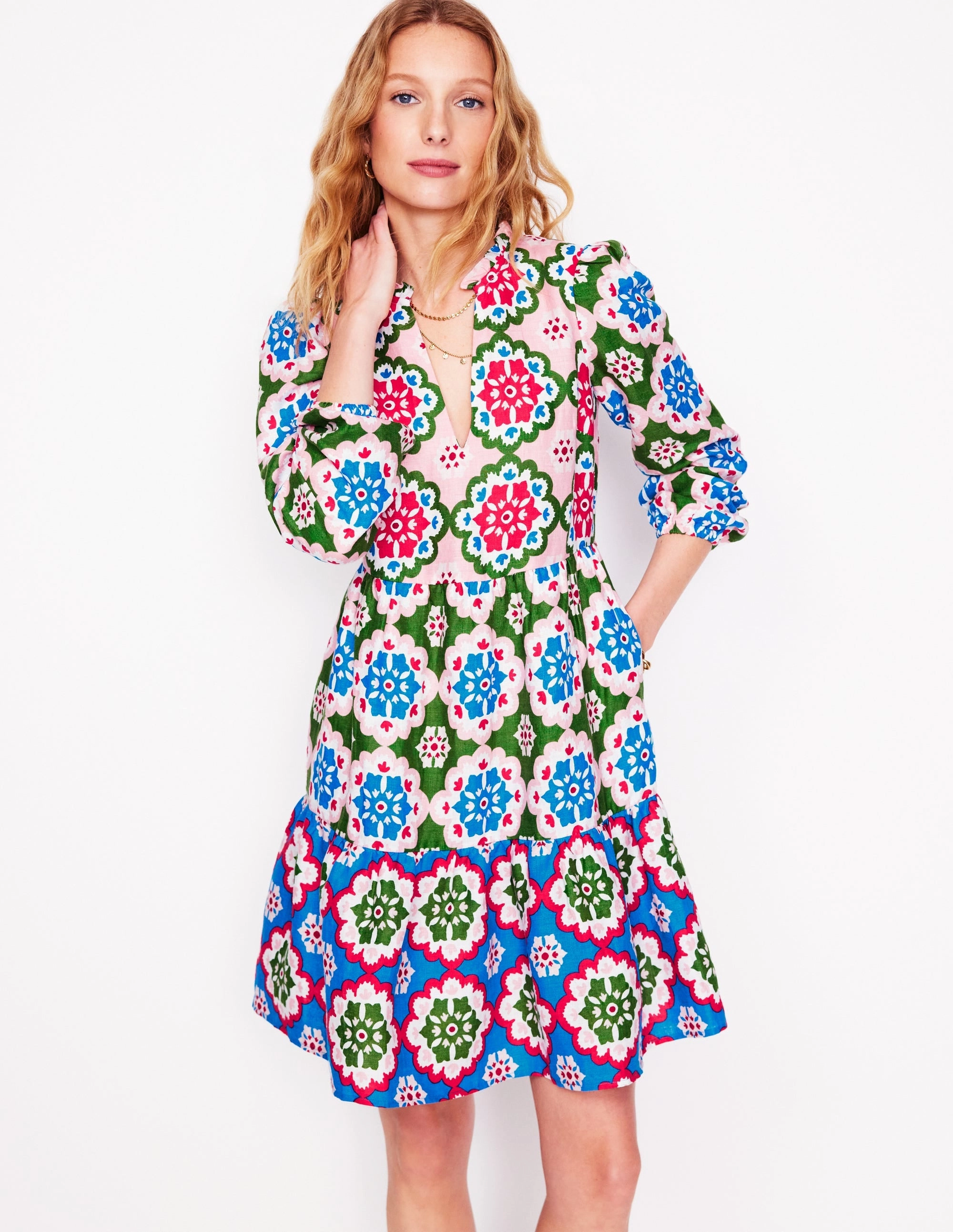 Cozy Silhouette Esme Linen Mini Dress-Multi, Bloom Geo