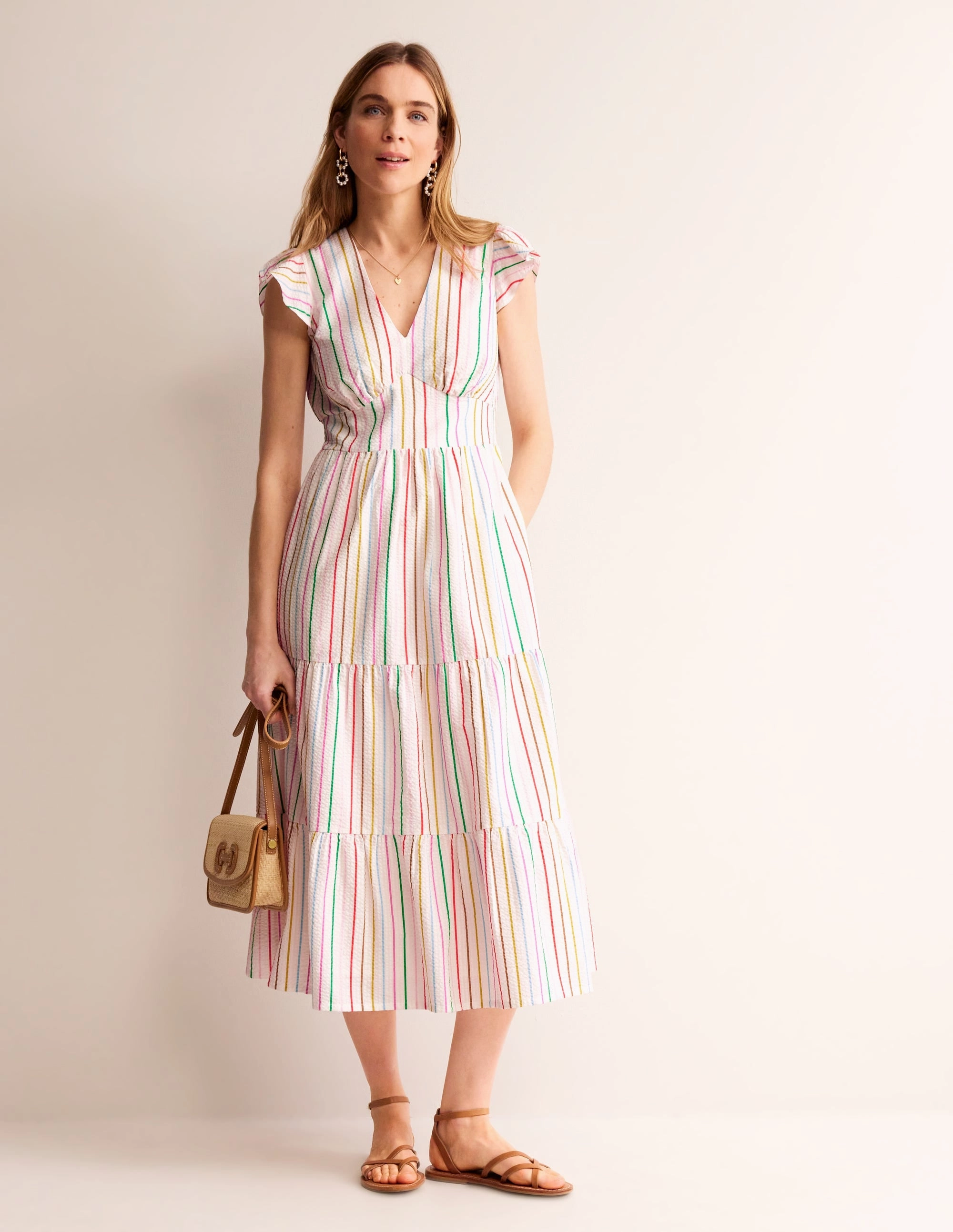 May Cotton Midi Tea Dress-Rainbow Seersucker Stripe Elegant Vibe
