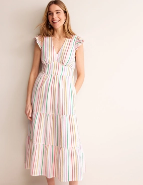 May Cotton Midi Tea Dress-Rainbow Seersucker Stripe Breathable Layering Elegant Waist Fit
