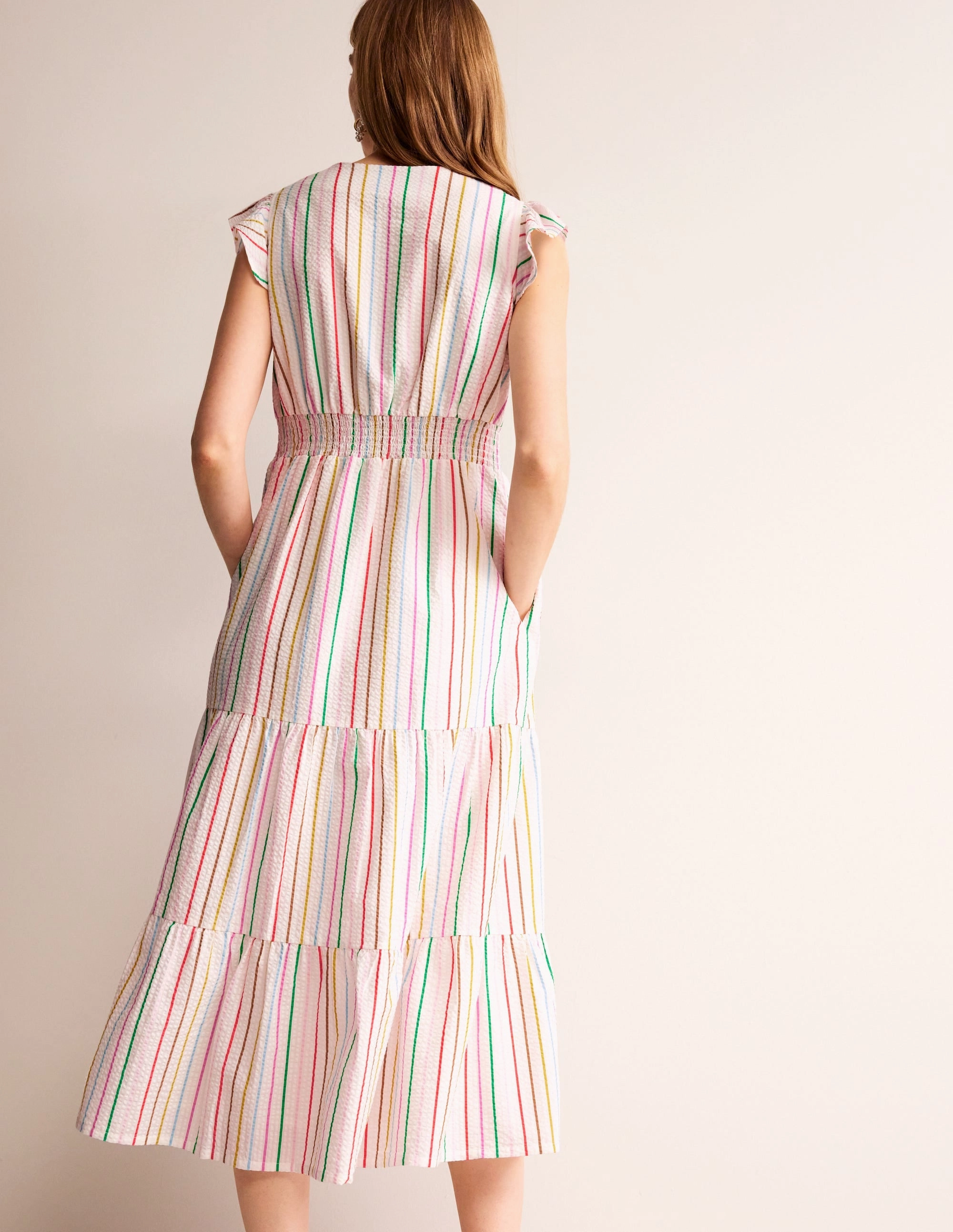 Slit-Hem Natural Fit May Cotton Midi Tea Dress-Rainbow Seersucker Stripe