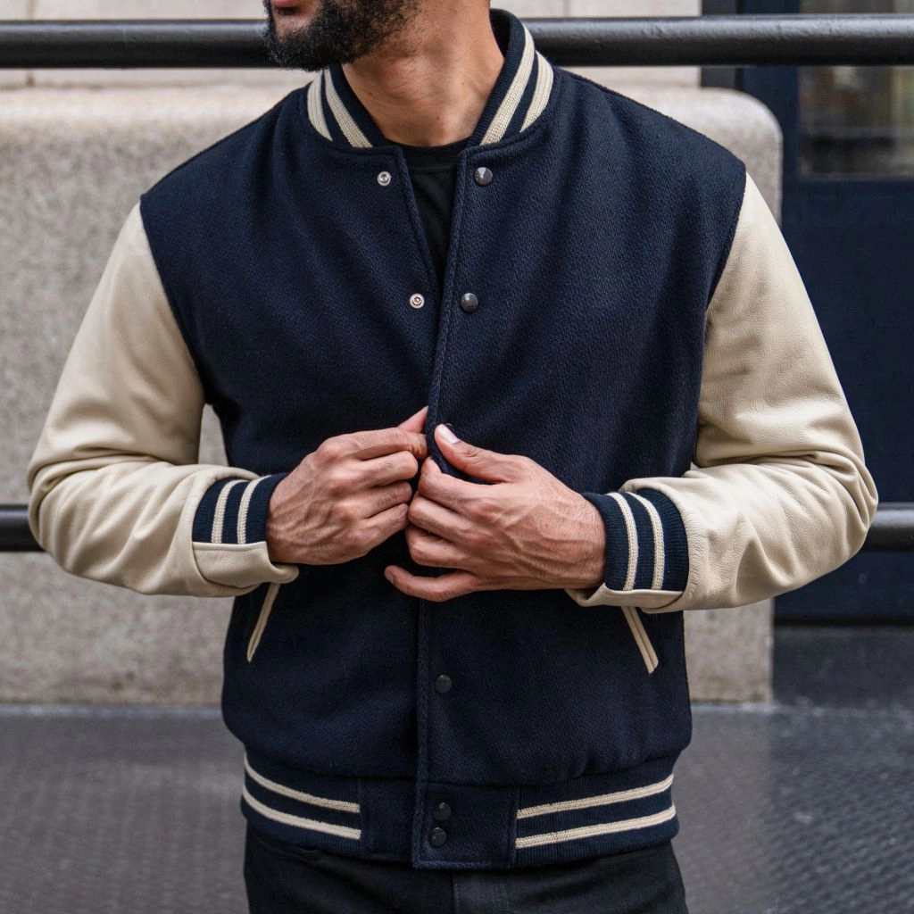 baristas suitable for beach vacations Varsity Jacket | Navy