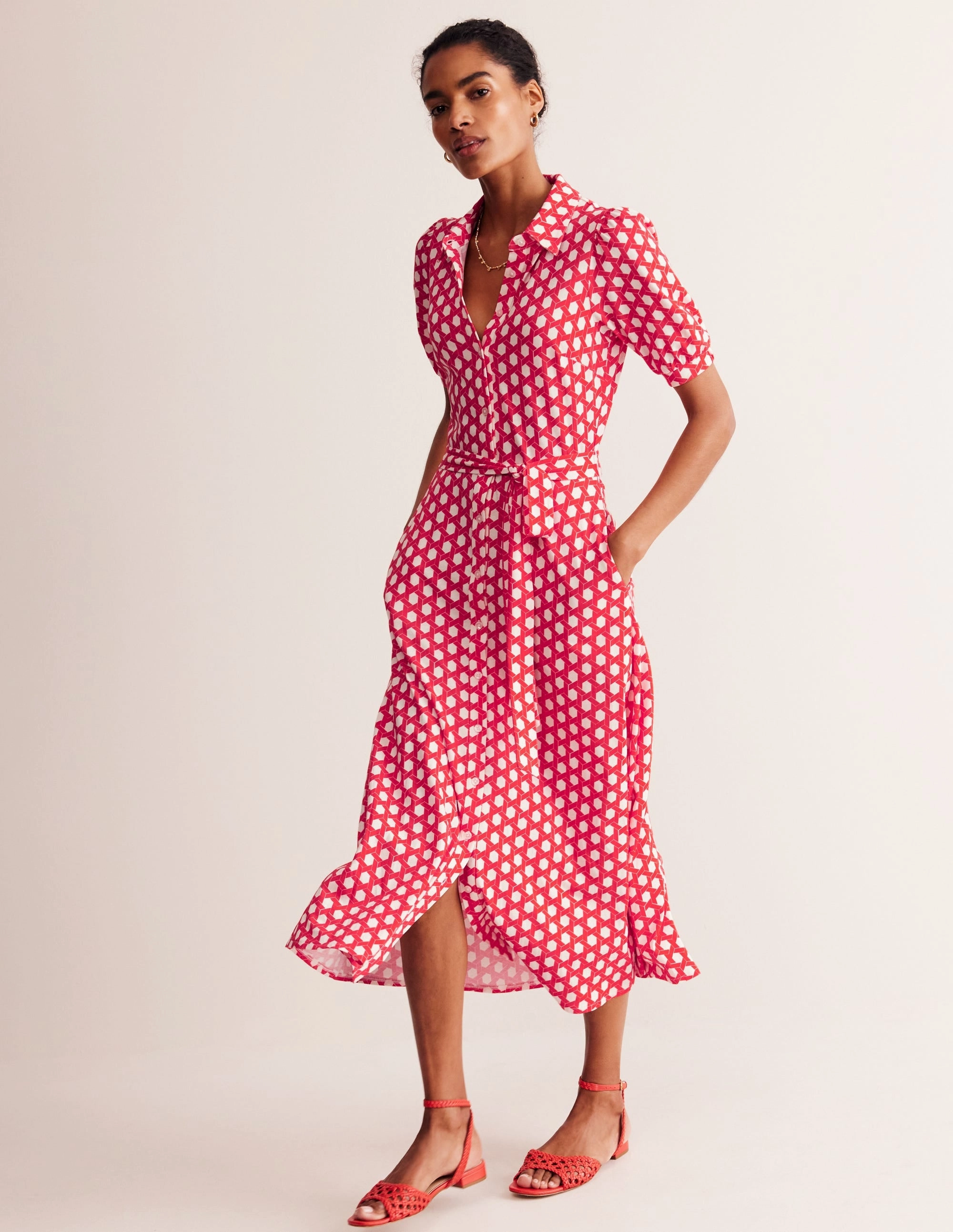 BiasCutSilhouette Libby Jersey Midi Shirt Dress-Flame Scarlet, Honeycomb Geo