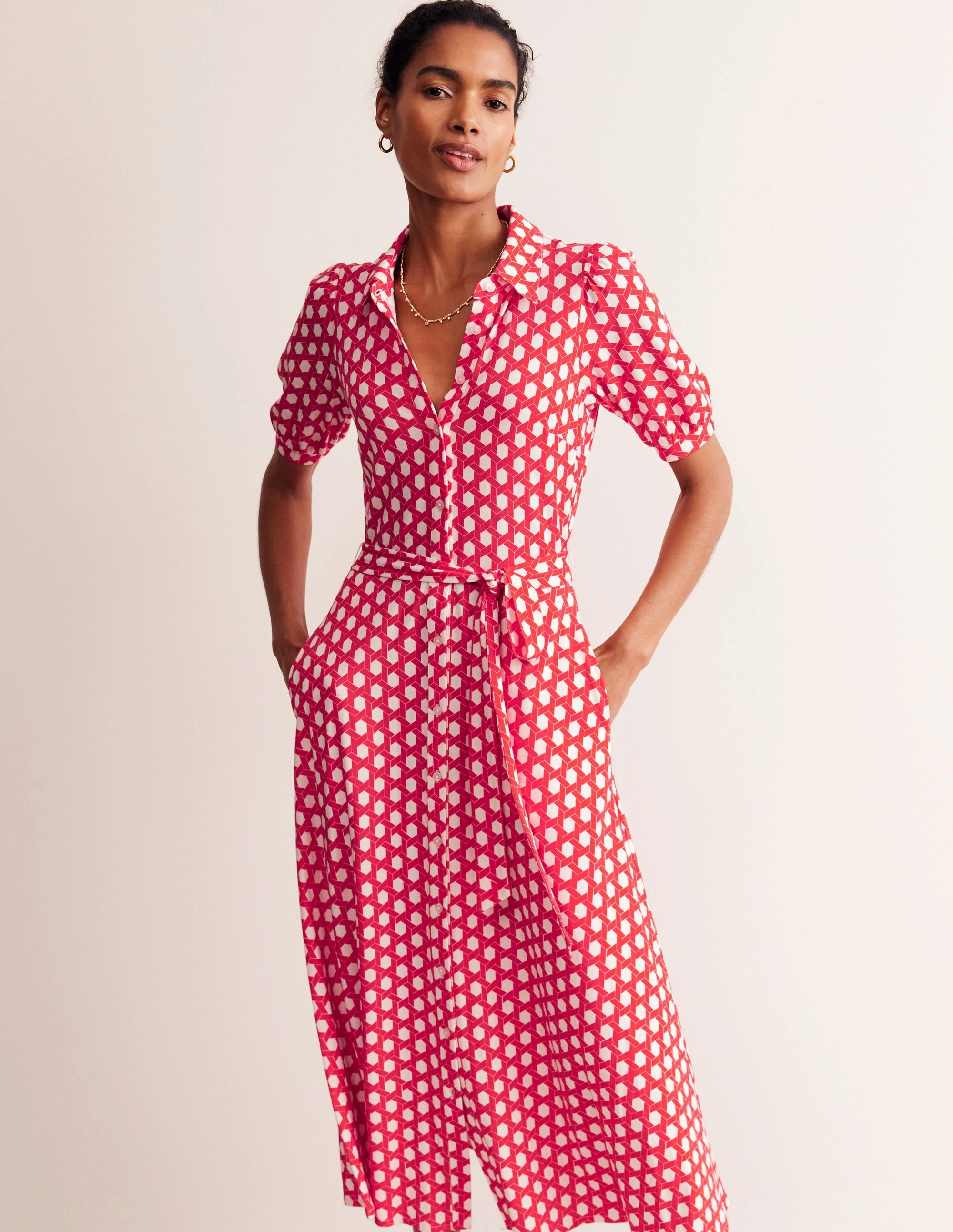 Libby Jersey Midi Shirt Dress-Flame Scarlet, Honeycomb Geo Belt Waist