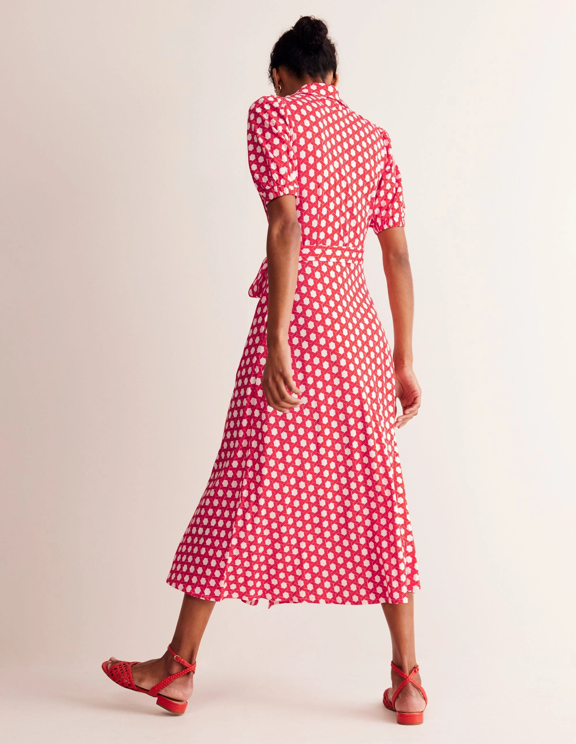 Libby Jersey Midi Shirt Dress-Flame Scarlet, Honeycomb Geo Cinched-Waist