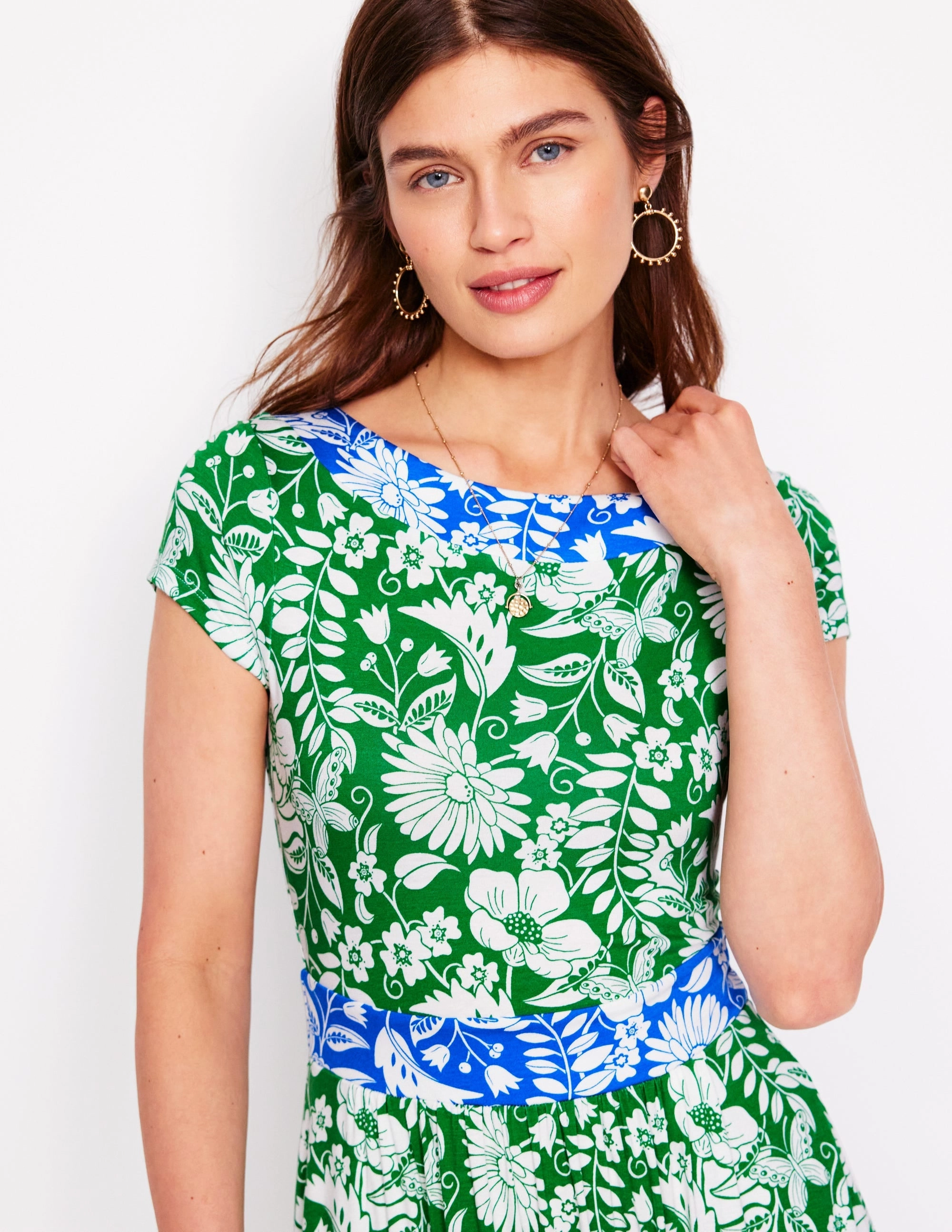 Elegant Fabric Melanie Jersey Midi Dress-Rich Emerald, Wildflower Trail