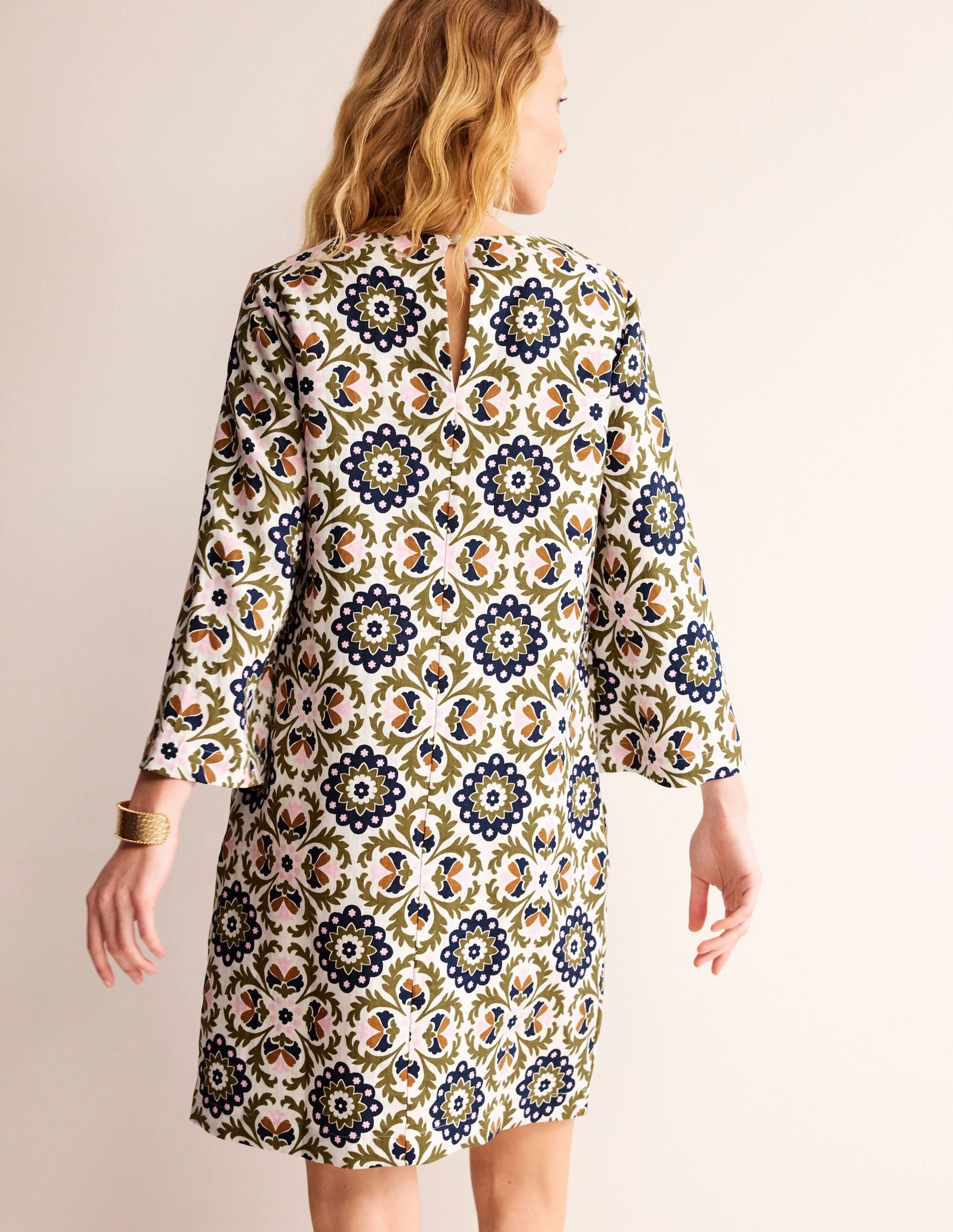 Work Mood Easy Draping Flare Linen Short Dress-Mayfly, Mosaic Bloom