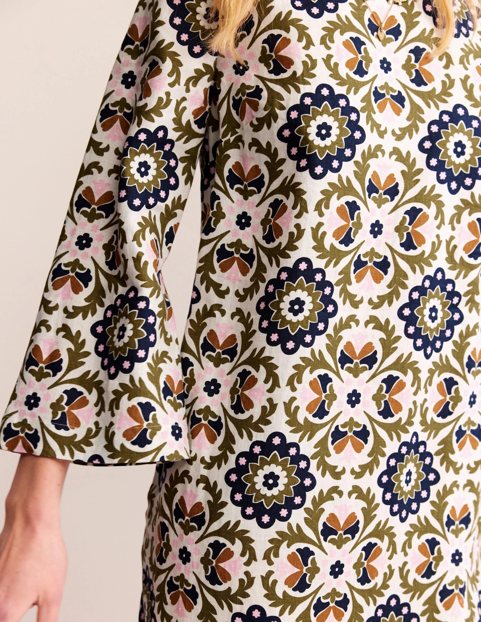 Flare Linen Short Dress-Mayfly, Mosaic Bloom Classic Look Relaxing Style