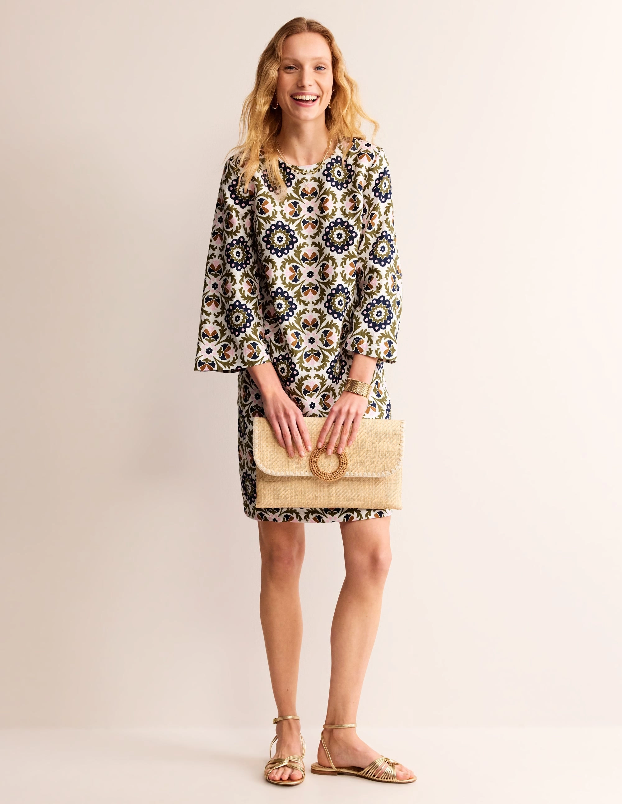 Light Motion Elegance Glow Flare Linen Short Dress-Mayfly, Mosaic Bloom