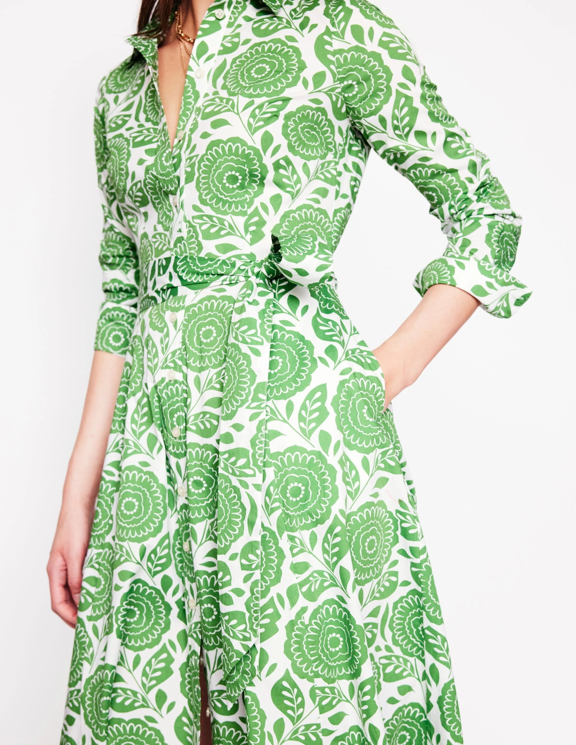 Amy Cotton Midi Shirt Dress-Paradise Green, Dahlia Stamp Relaxed-fit gown
