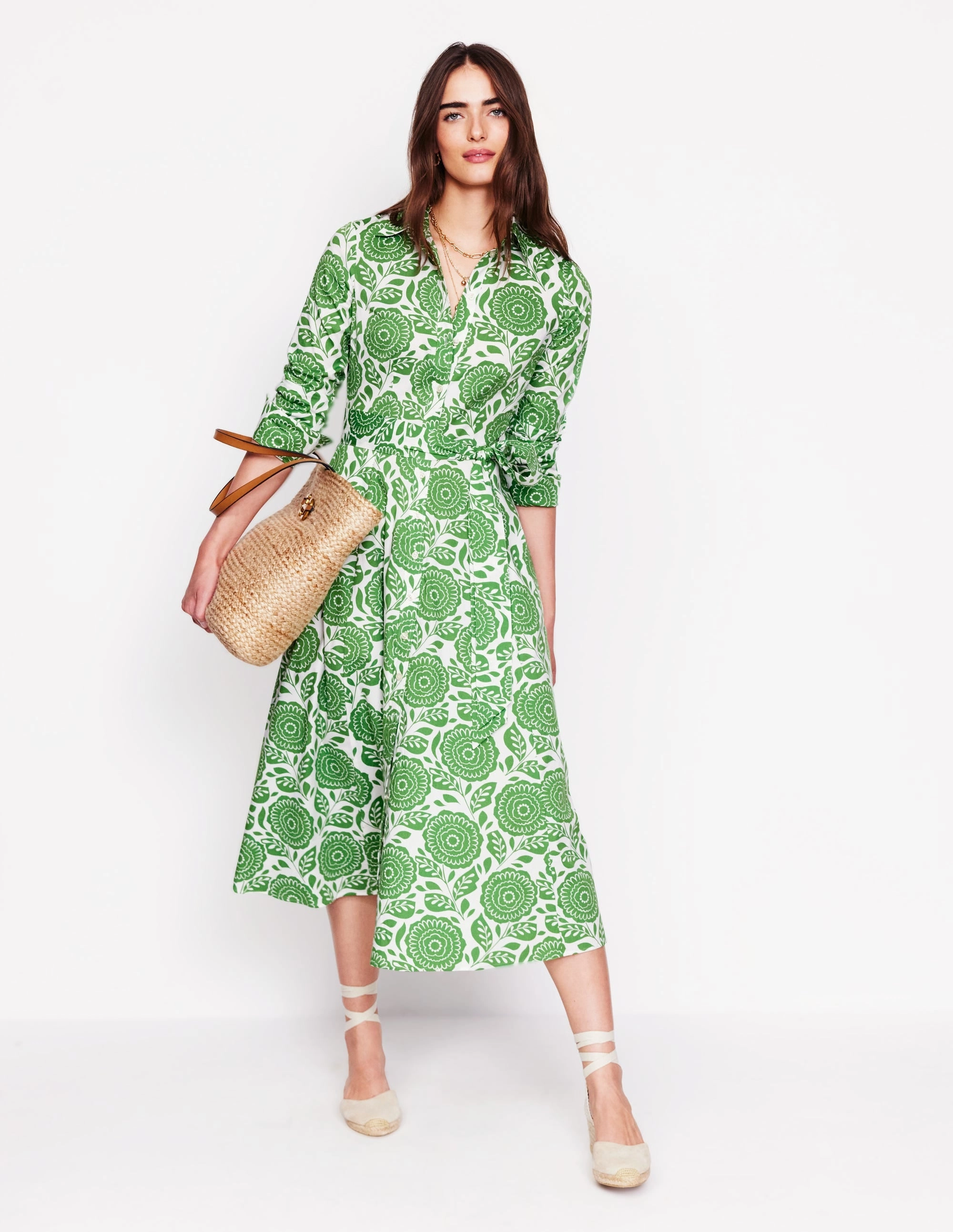 New York Amy Cotton Midi Shirt Dress-Paradise Green, Dahlia Stamp