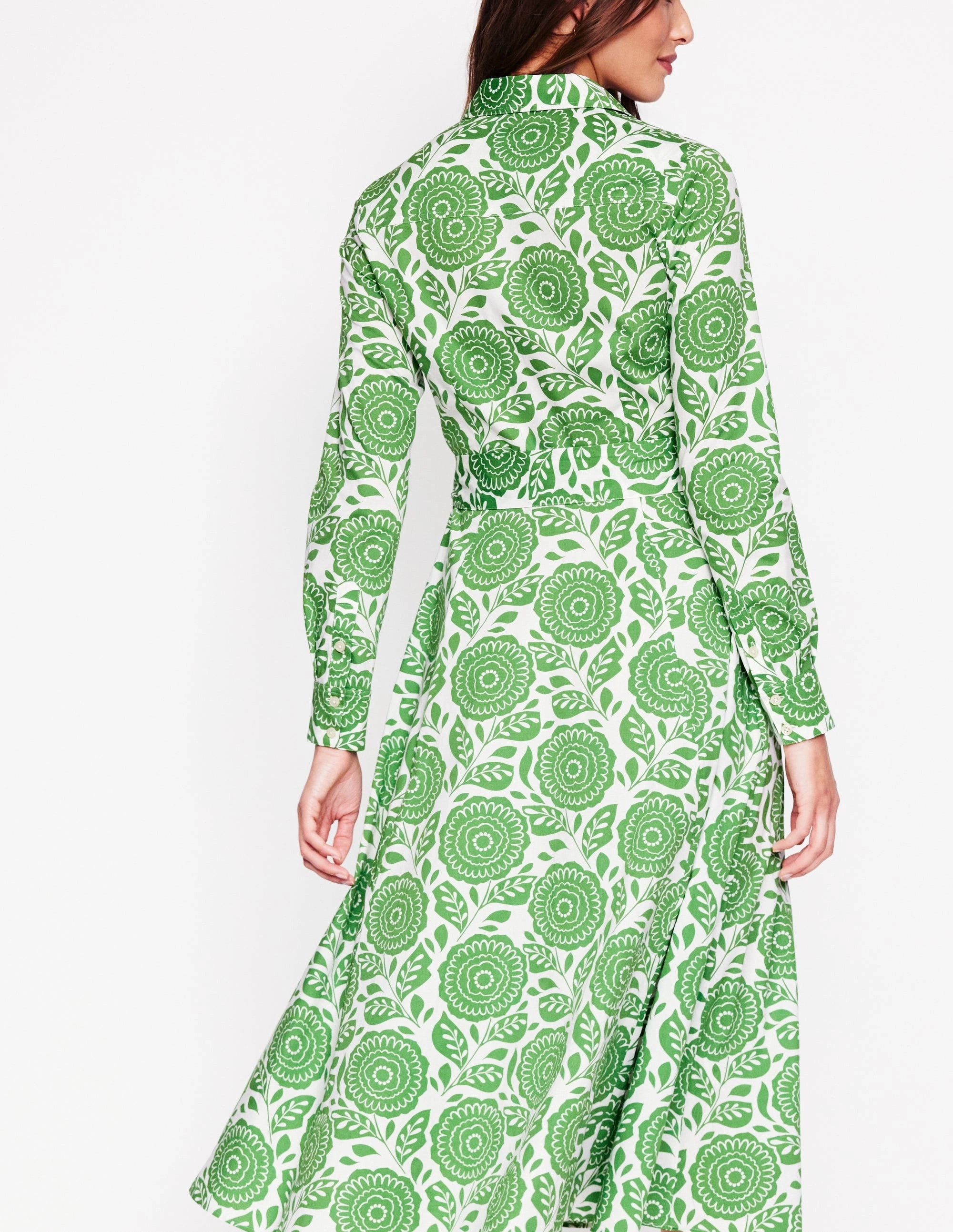 Amy Cotton Midi Shirt Dress-Paradise Green, Dahlia Stamp Elegant Layer