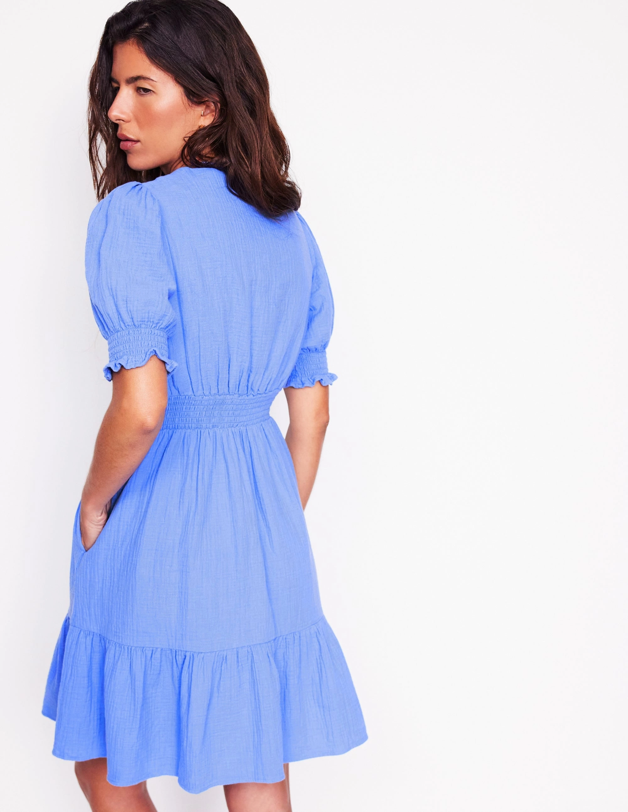 Modern and Feminine Anna Double Cloth Short Dress-Ocean Blue