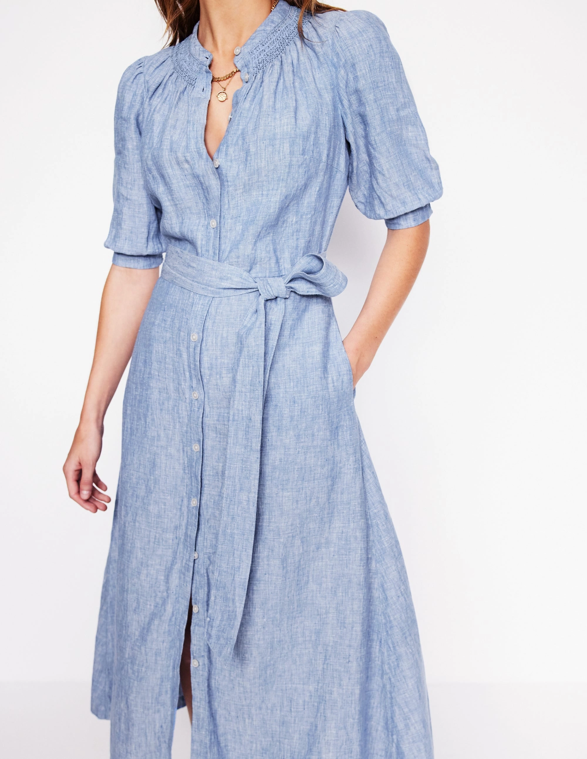 Ada Linen Midi Dress-Grey Blue Chambray Timeless Piece Light Attitude