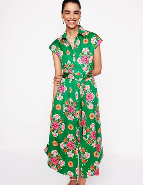 Light and Comfortable Wear Drawstring-Closure Rachel Cotton Midi Shirt Dress-Rich Emerald, Meadow Posy
