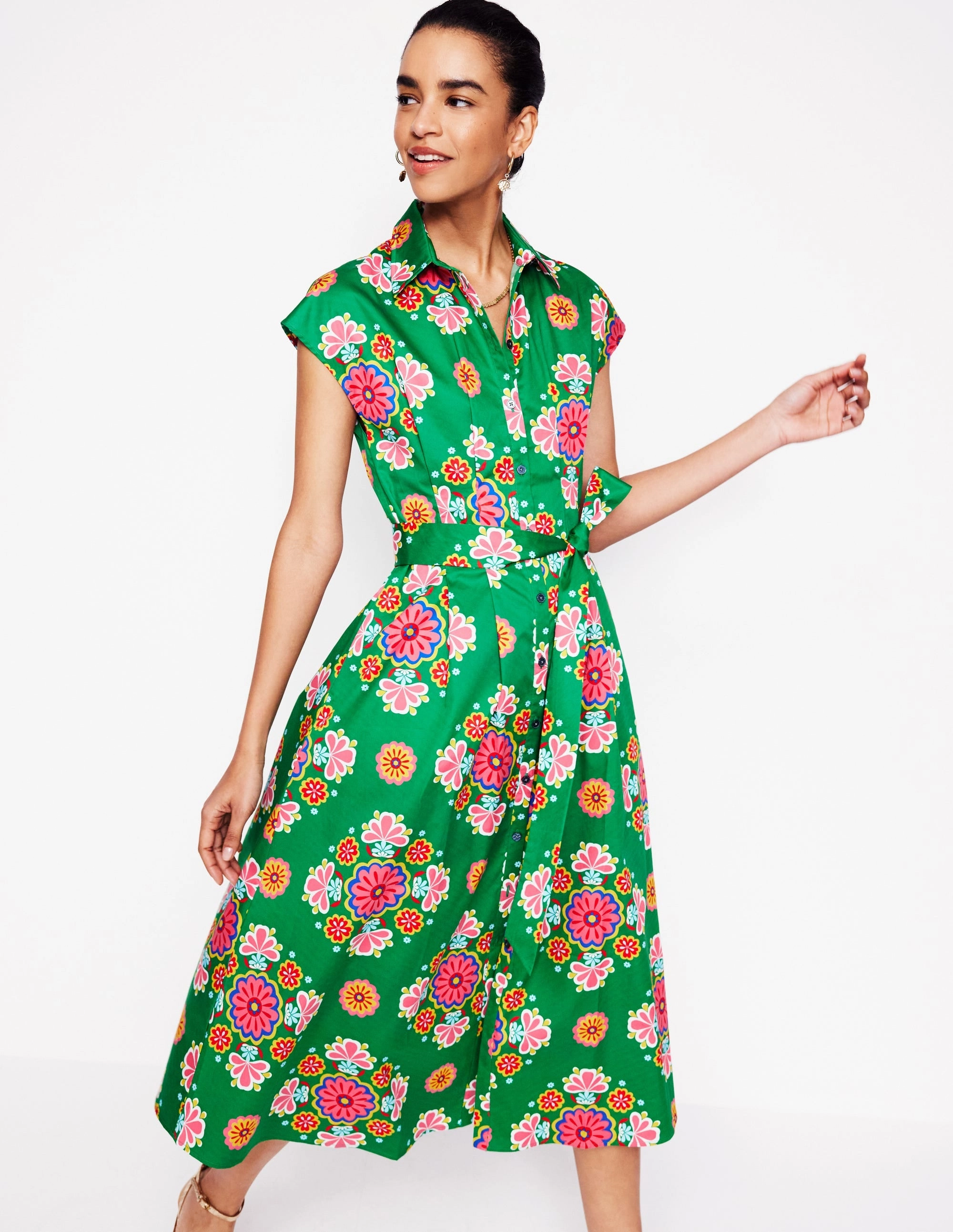 Rachel Cotton Midi Shirt Dress-Rich Emerald, Meadow Posy Fall Piece