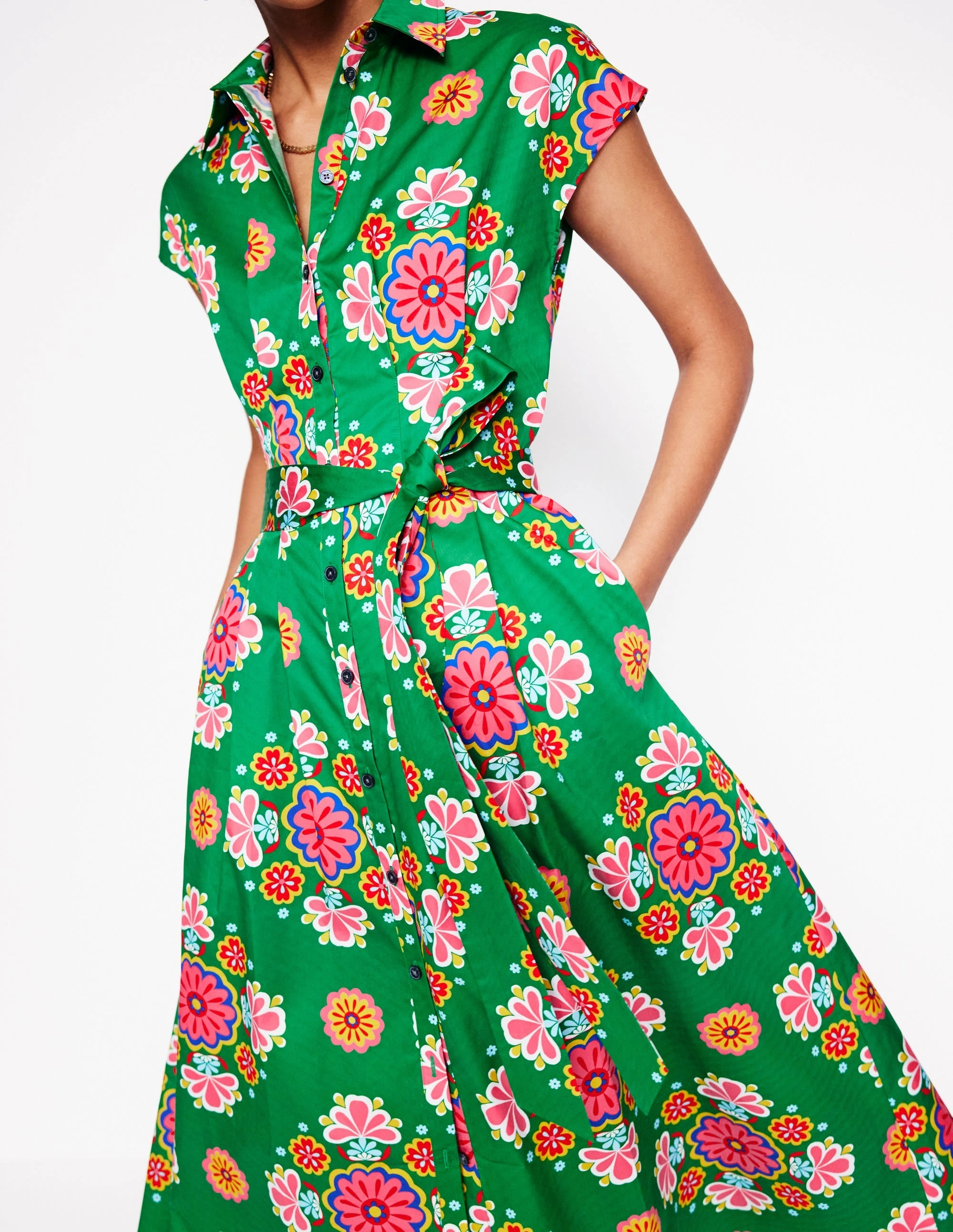 Casual Layers Rachel Cotton Midi Shirt Dress-Rich Emerald, Meadow Posy