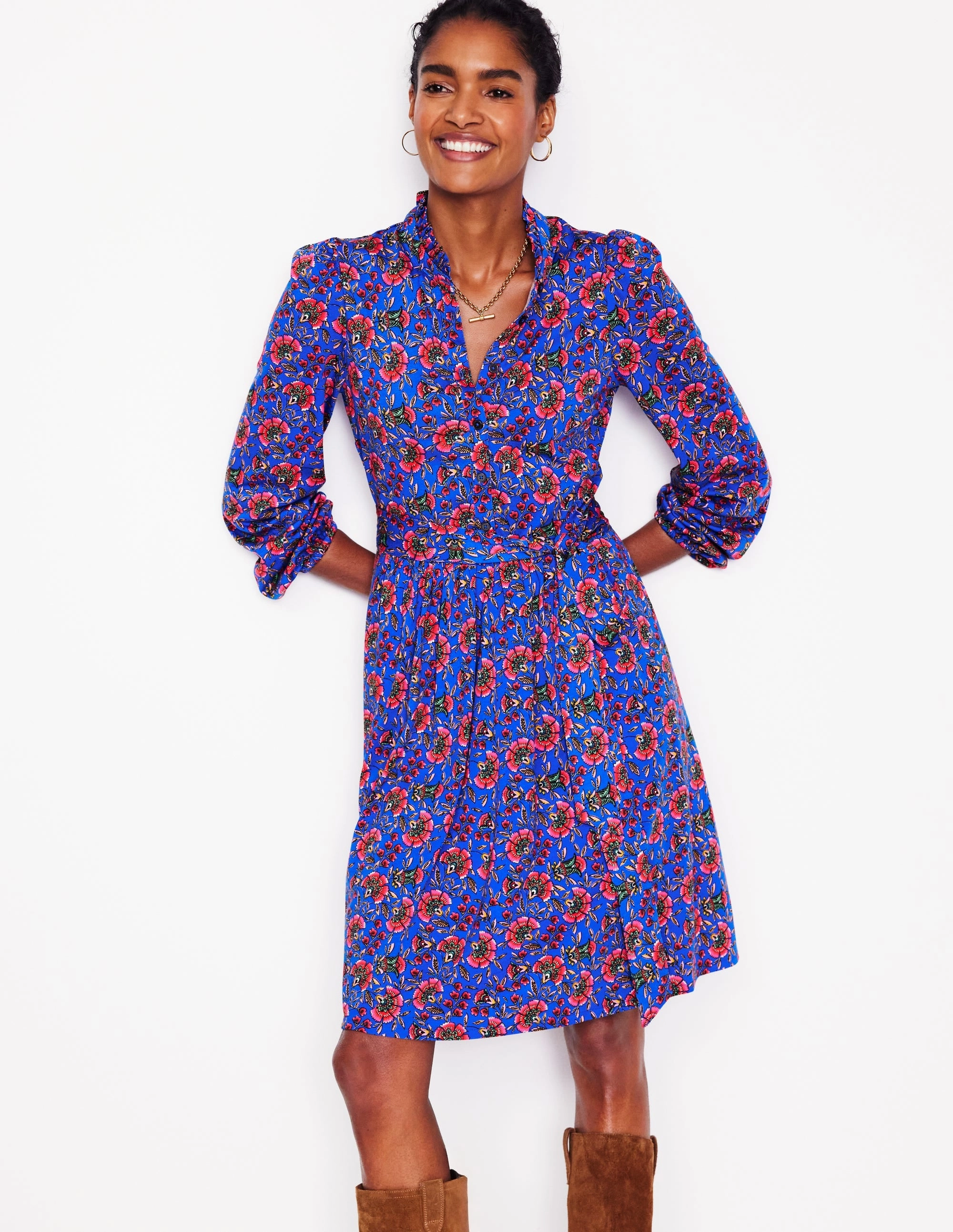 Willow Ruffle Neck Shirt Dress-Gallery Blue, Decorative Vine Flowing Design